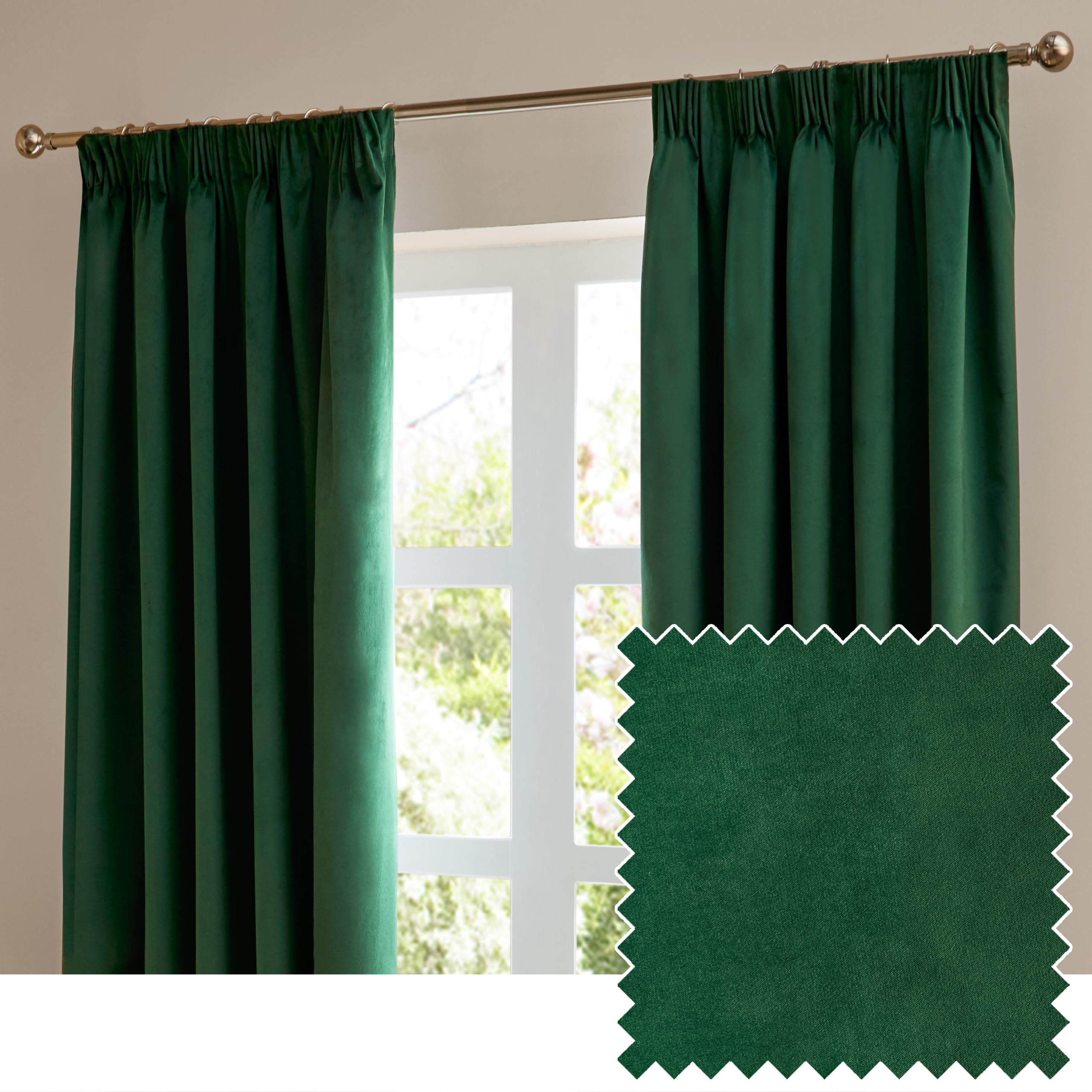Furn The Ultimate Velvet 100% Blackout Pencil Pleat Curtain Pair in Green | Size: 117cm width x 137cm drop
