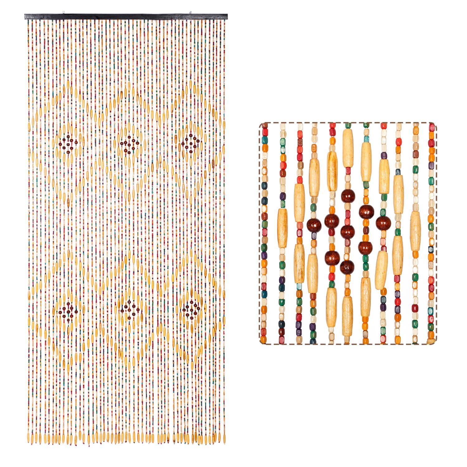 Rideau de Porte en Bambou avec Perles, 52 Fils de Rideaux en Perles pour Encadrements de Porte, Rideau de Porte Moustiquaire en Perles de 90x200cm, Rideau en Perles Diviseur de Porte Fait Main