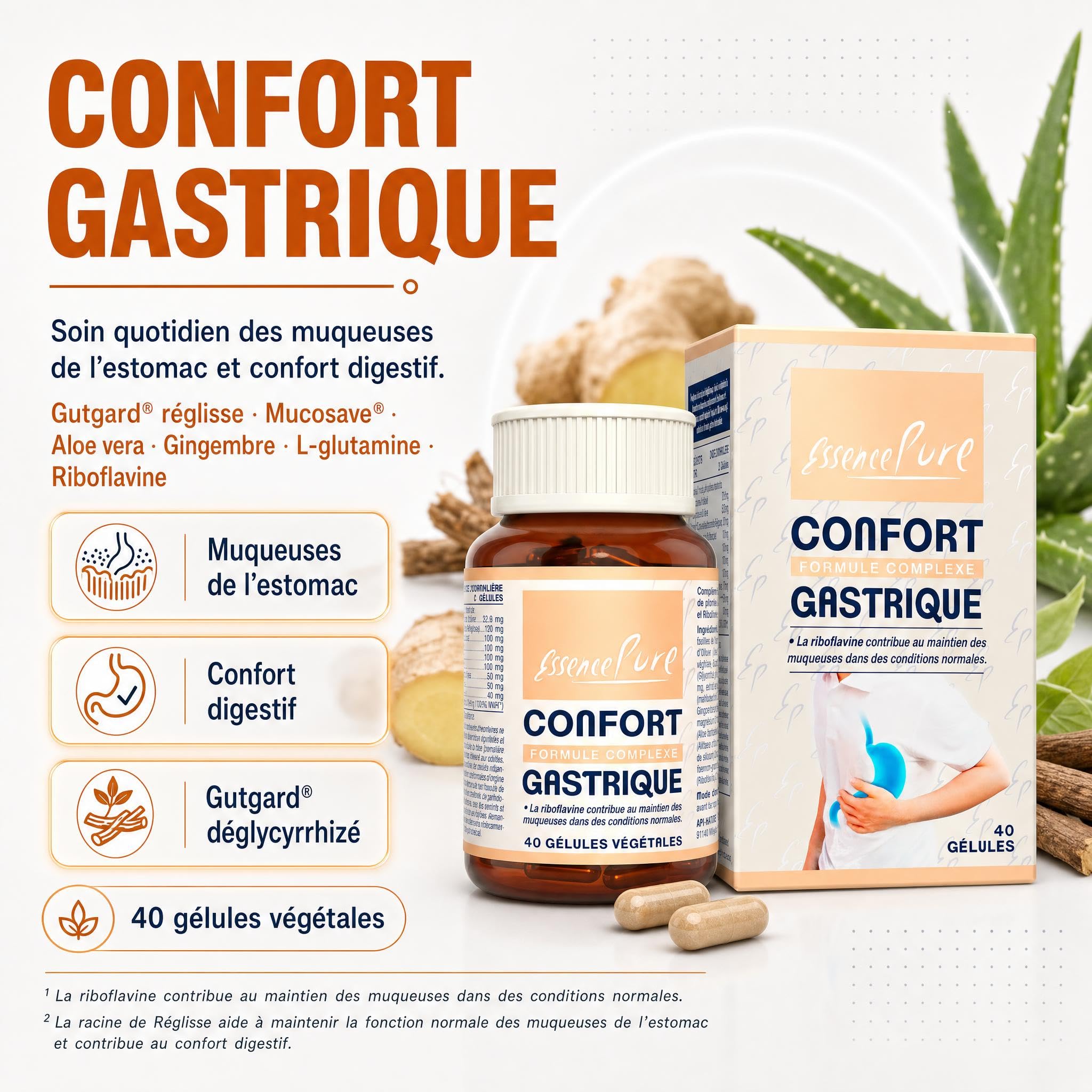 Gutgard® Réglisse déglycyrrhiziné + Mucosave® Nopal & Olivier | Aloe Vera, Griffe de Chat, Guimauve, L-Glutamine | Confort Gastrique | 40 gélules | Essence Pure