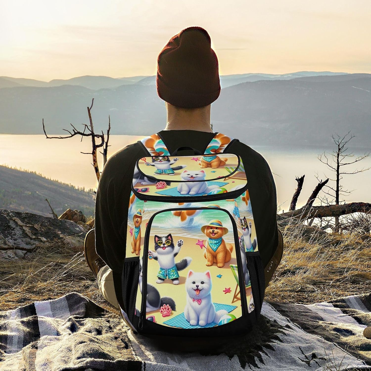 ODAWA Cooler Backpack Waterproof Beach Cooler Bag Dogs and Cats on Beach Lunch Backpack Lightweight Camping Bags