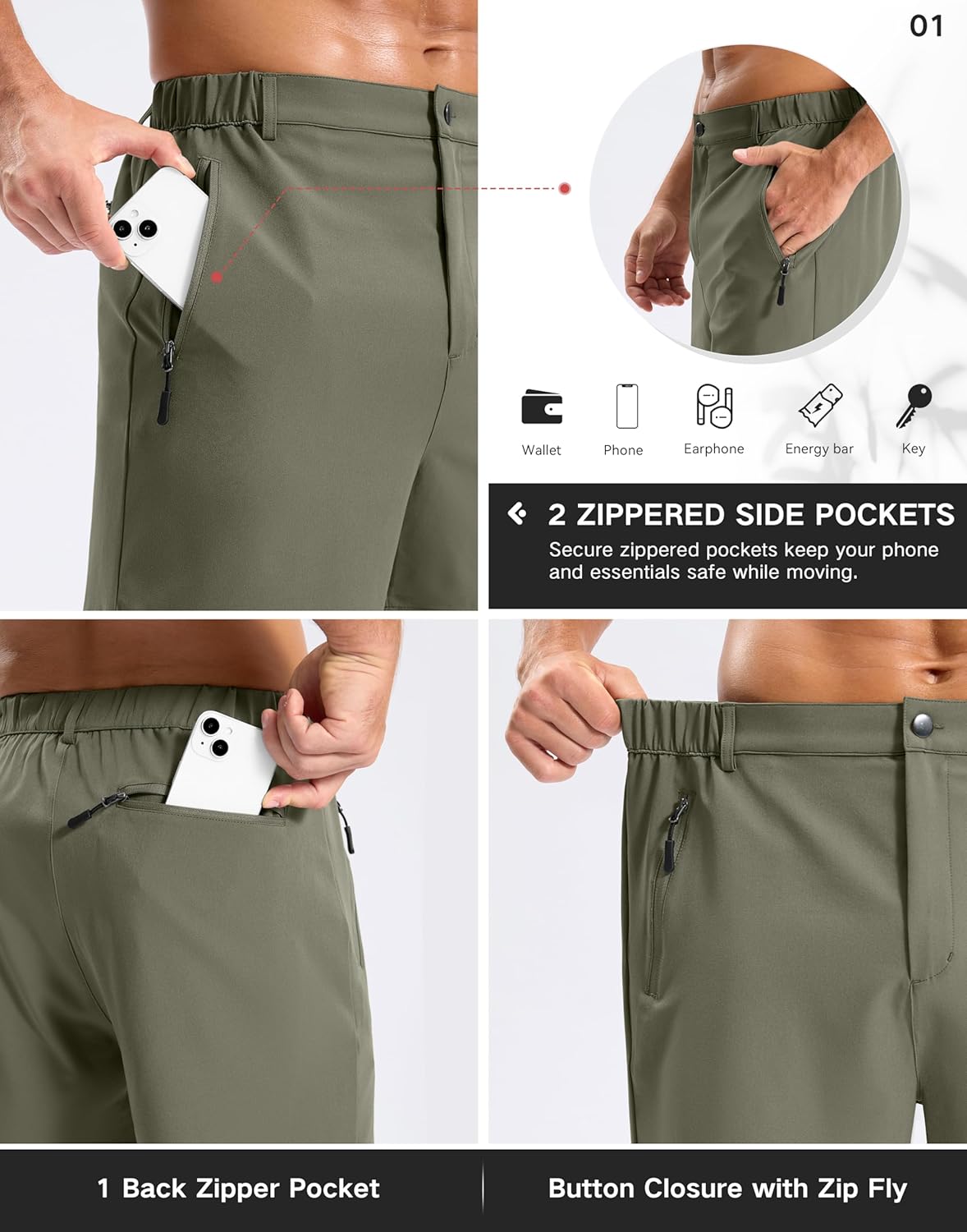 Pudolla Mens Hiking Shorts 5"/7"/9" Lightweight Quick Dry Casual Golf Shorts for Men Work Fishing with 3 Zipper Pockets - Image 6