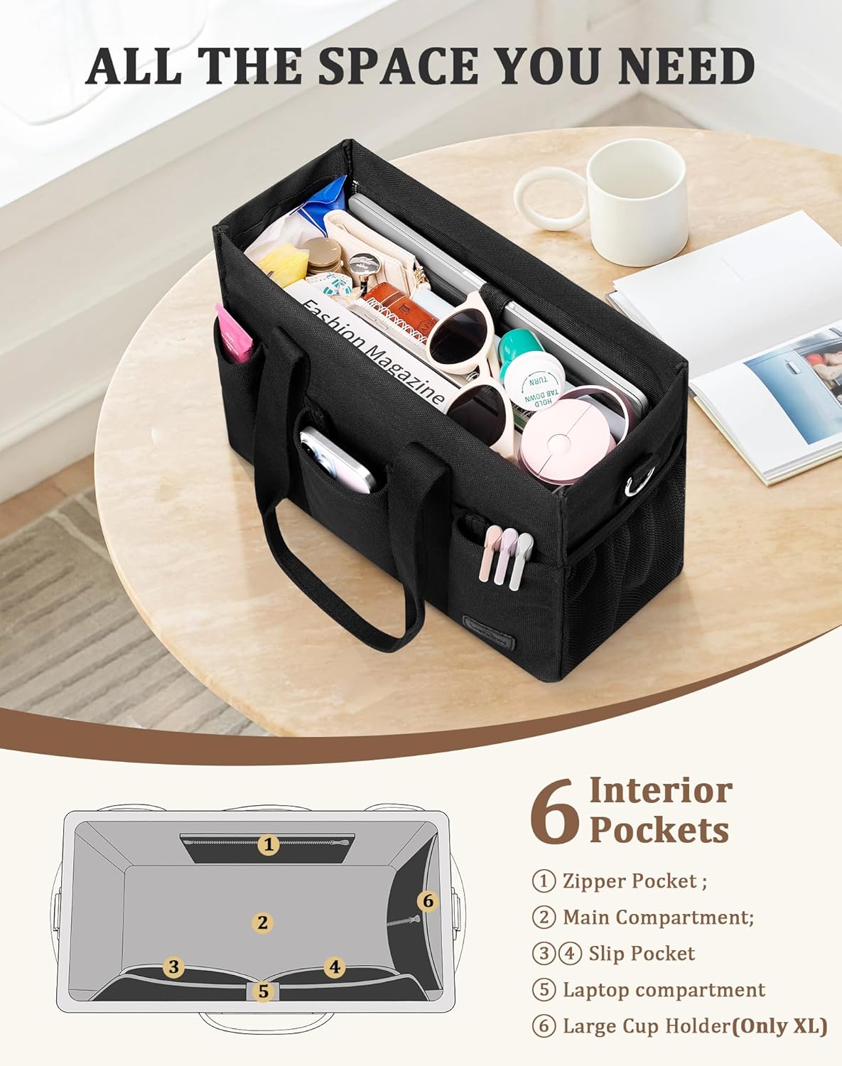 Canvas Tote Bag for Women, Large Shoulder Bag with Laptop Compartment & Zipper, Ideal for Work Travel College Teacher - Image 3