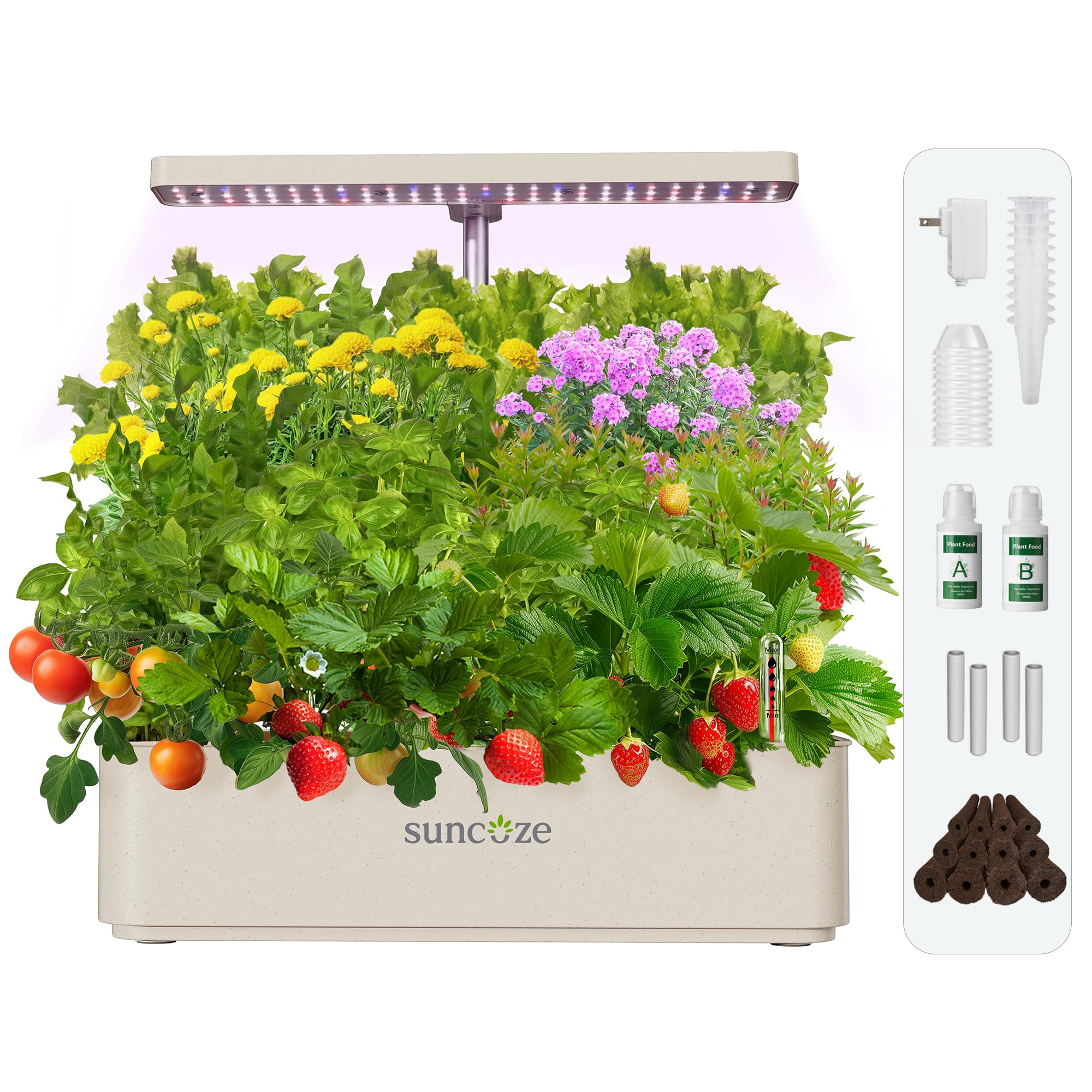 SUNCOZE Kit de sistema de cultivo hidropónico, 12 cápsulas, luz LED de cultivo de 24 W, tanque de agua de 4 litros con bomba silenciosa, altura ajustable, kit de maceta de jardín de hierbas, regalos