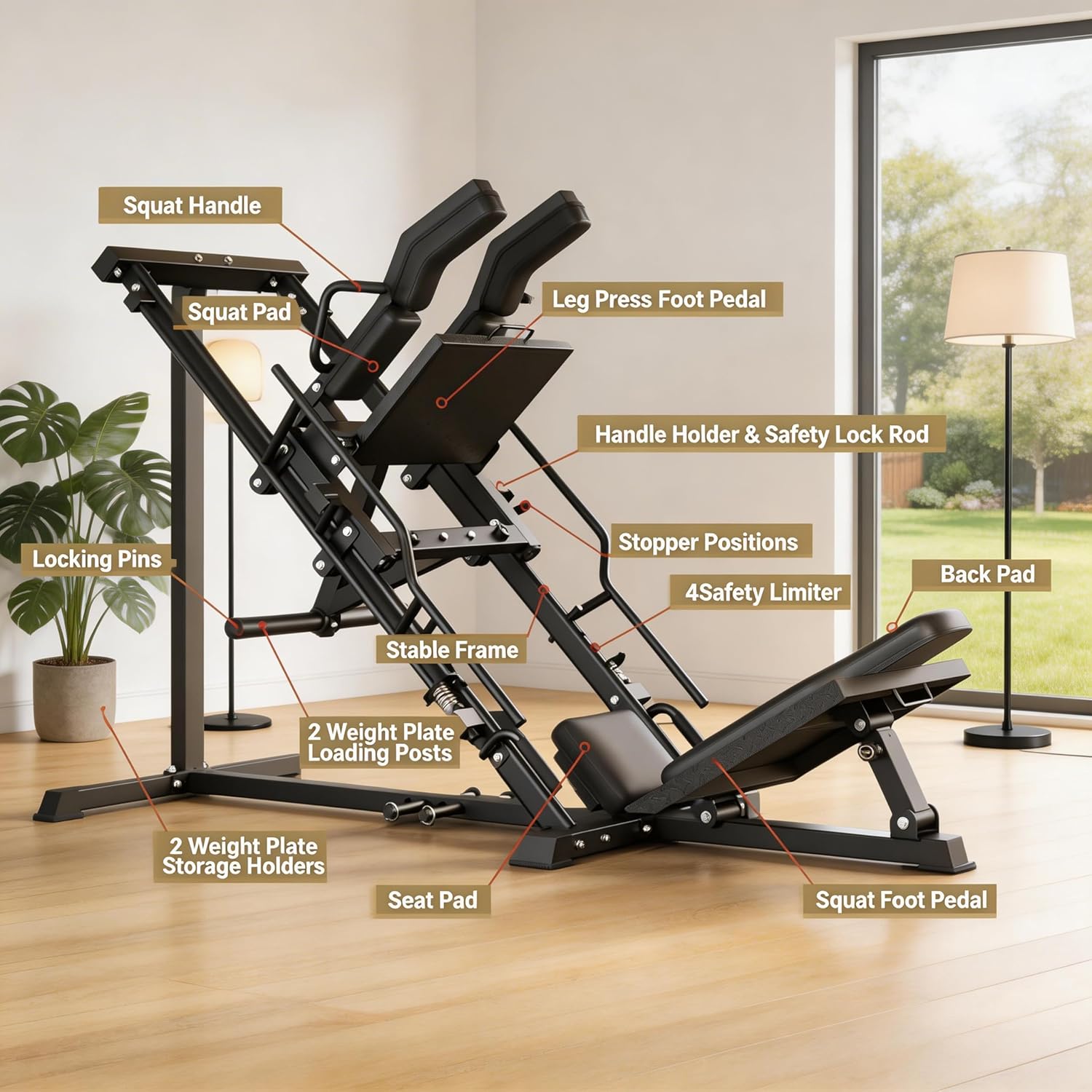 Leg Press Hack Squat Machine 2-in-1 for Home Gym, 45-Degree Linear Bearing Leg Press Machine with 1400LB Capacity, Safety Guards & Weight Storage, Lower Body Workout Equipment for Quads & Glutes