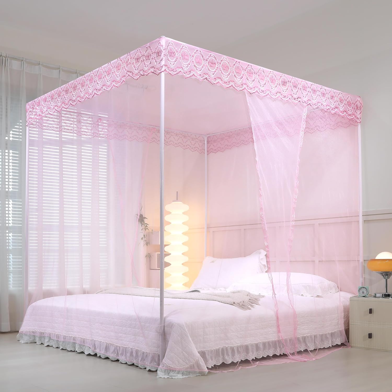 naturetalk Bed Canopy, Princess Bed Curtain Net for Girls & Adults，Three-Doors Rectangle Lace Dome Netting (Baby Pink, King)