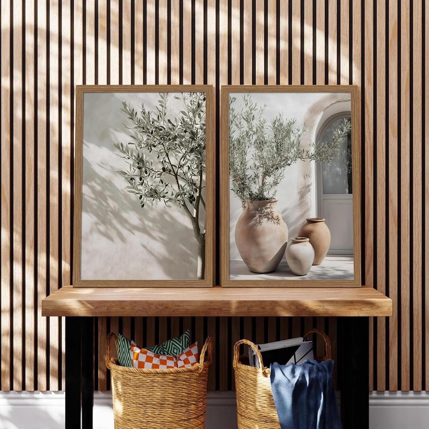 Mediterranean Wall Art Set of 2 with Wooden Frame – Olive Tree and Pottery Prints, Neutral Botanical Mediterranean Painting, Framed Picture Wall Decor 12x16 Inch