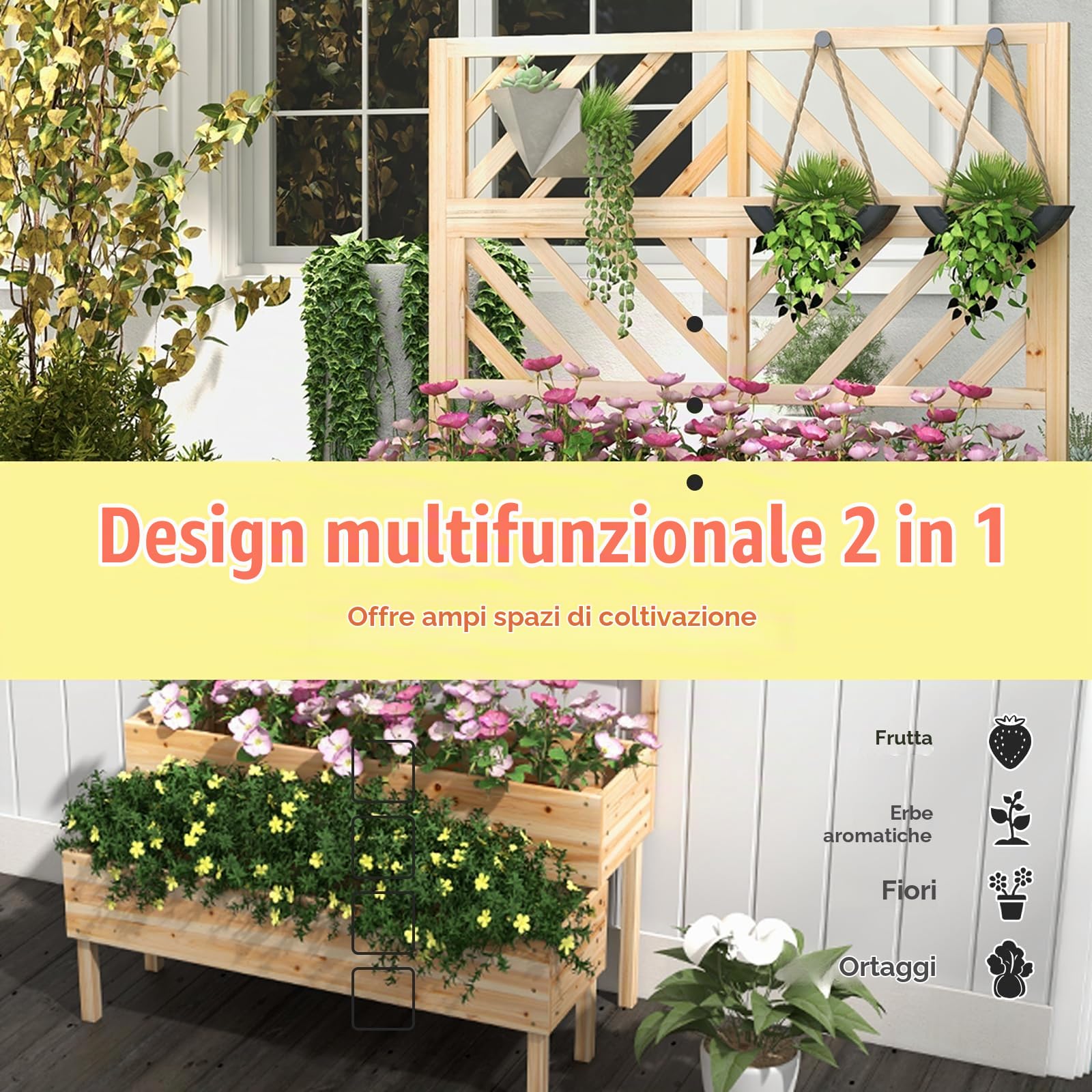 HOMASIS Fioriera con Grigliato in Legno per Esterno, Fioriera con Traliccio a 2 Ripiani, Orto Rialzato Verticale per Piante Rampicanti in Abete con Fori di Drenaggio, 109 x 62 x 135 cm (Naturale)