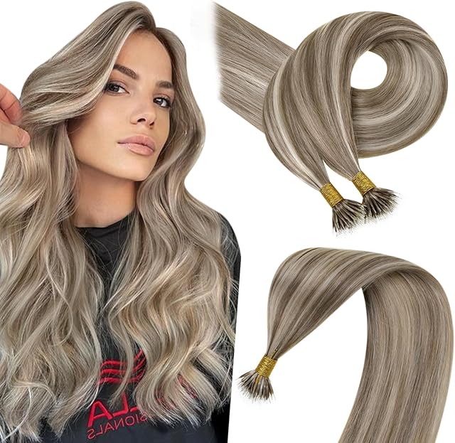 Easyouth Nano Ring Hair Extensions Real Human Hair Blonde 14inch Hair Extensions Nano Rings 1G/S Brown Highlighted Blonde Nano Hair Extensions Real Human Hair #8P60 50g 50s