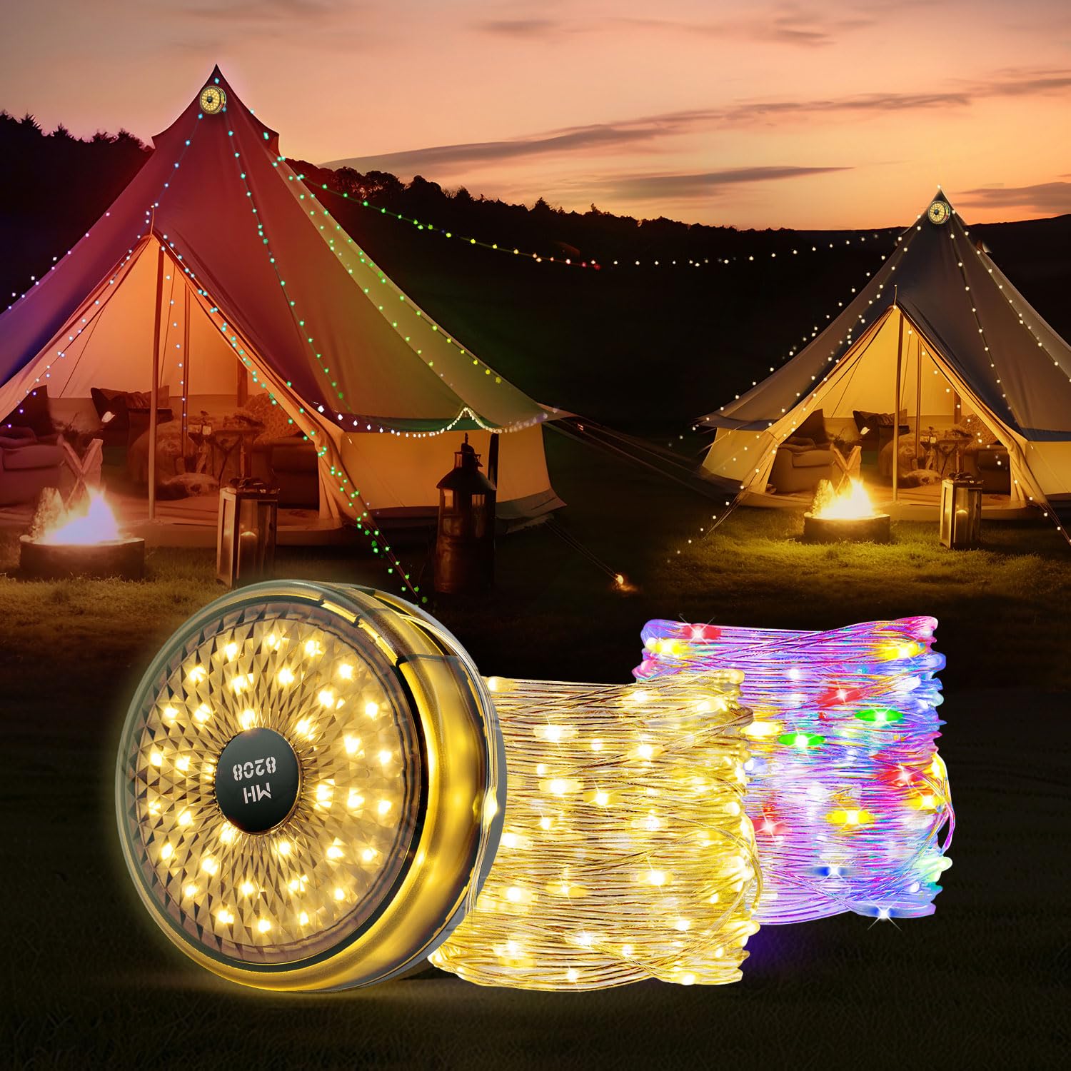 Mcbazel Yellow Camping String Lights,Retractable Fairy String Lanterns 12M/39.4Ft With 10 Lighting Modes,120Led,Usb Rechargeable,Multicolor&Warm Light For Outdoor/Indoor/Camping/Wedding Decor