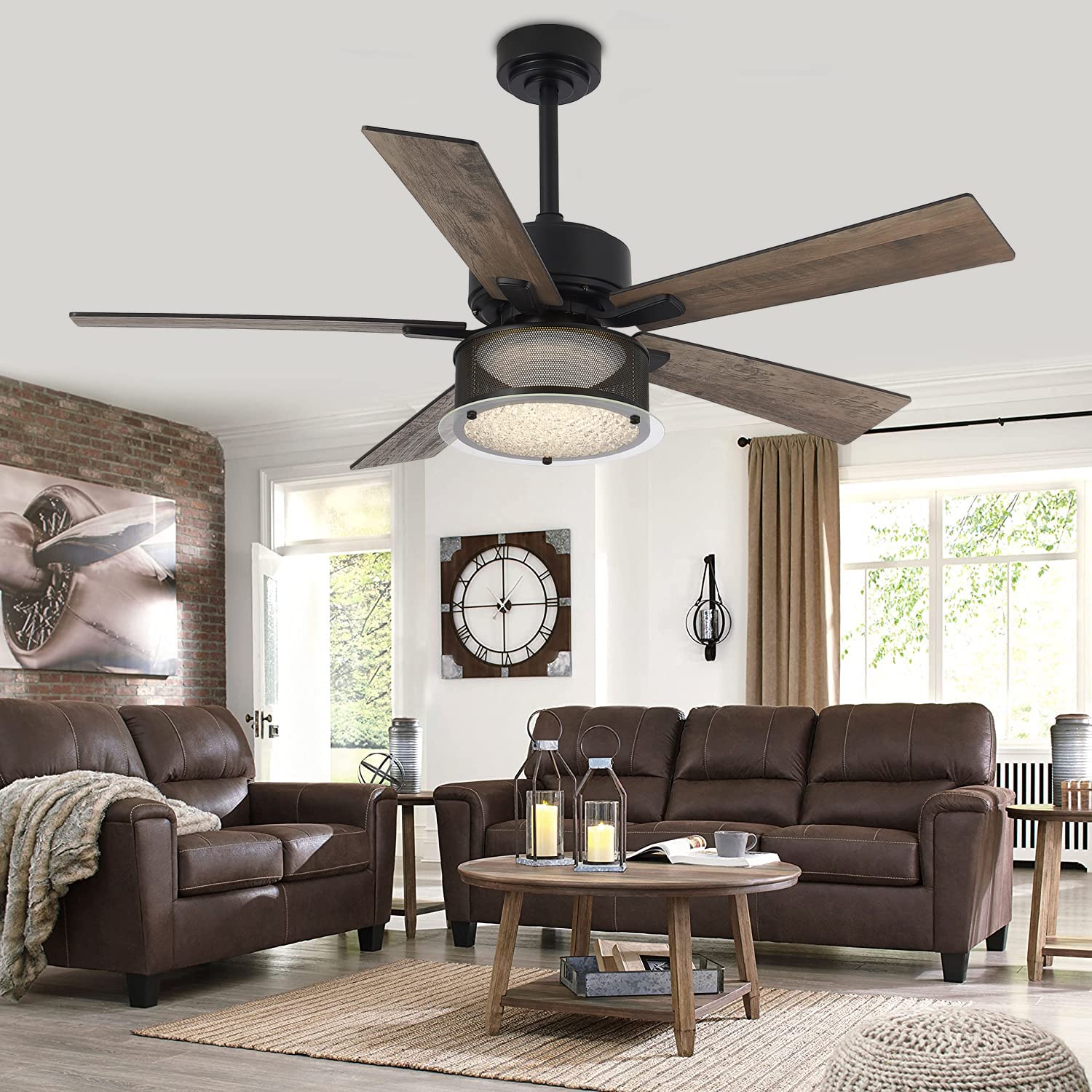 Photo 1 of Morpholife Farmhouse Caged Ceiling Fan with Light and Remote Control, 52'' Black Rustic Chandelier Fan with 5 Reversible Wood Blade for Living Room, Dining Room, Bedroom Black#3