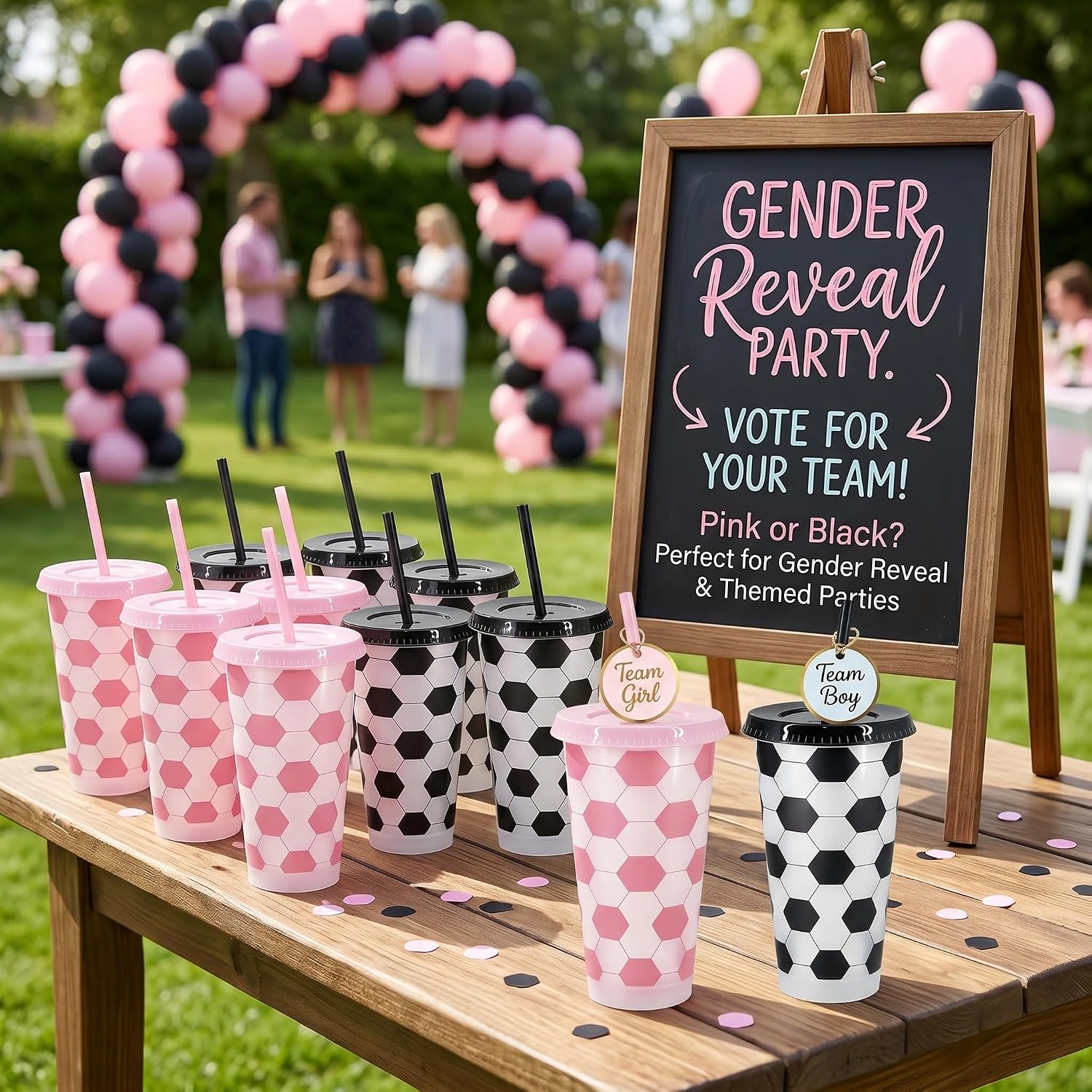 12 Pack Soccer Party Cups with Lids and Straws, Reusable Plastic Tumblers, Pink & Black Sports Birthday Party Favors, Football Team Drinking Cups for Kids, 24 oz