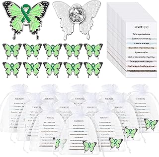 Mental Health Awareness Lapel Pins Green Butterfly Brooch Prevention Suicide Diabetes Cancer Gifts with Reminder Cards Organza Bag for Campaign Fundraiser Charity Activity Supplies