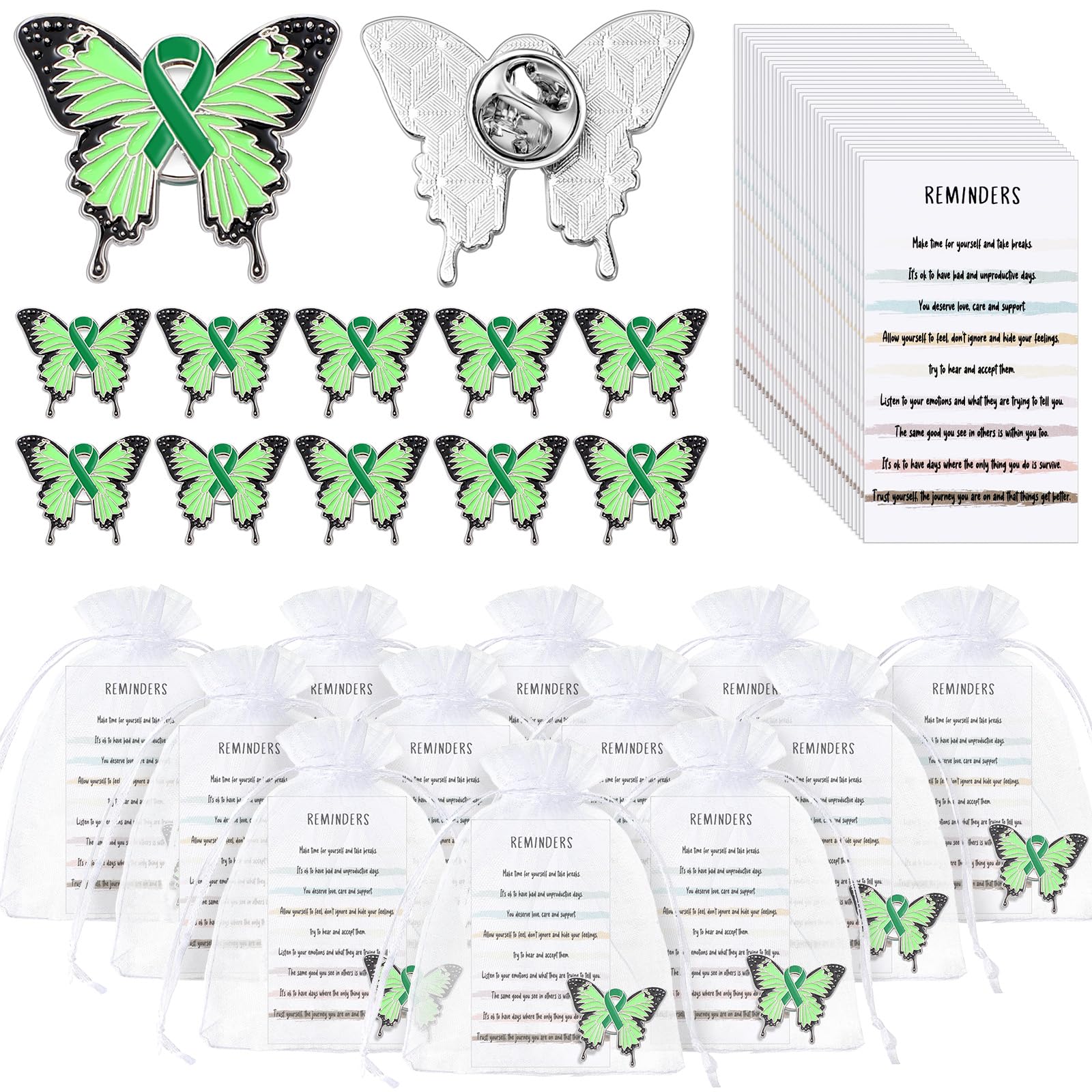 Harloon Mental Health Awareness Lapel Pins Green Butterfly Brooch Prevention Suicide Diabetes Cancer Gifts with Reminder Cards Organza Bag for Campaign Fundraiser Charity Activity Supplies