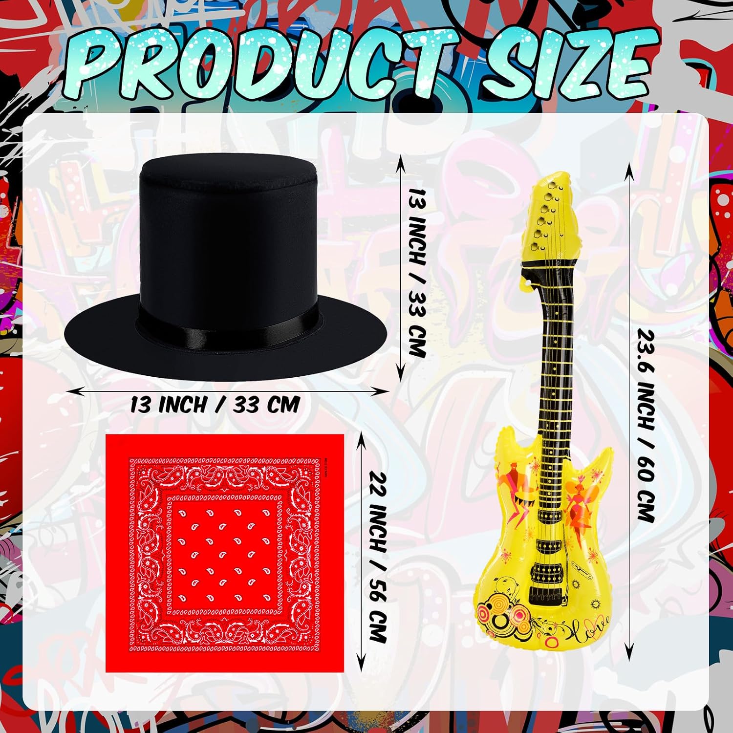 Yingzhao 9 Pcs Rocker Costumes Set for Men Women 80s Rocker Wig Inflatable Guitar Tattoo Sleeve Sunglasses Bandana and Hat