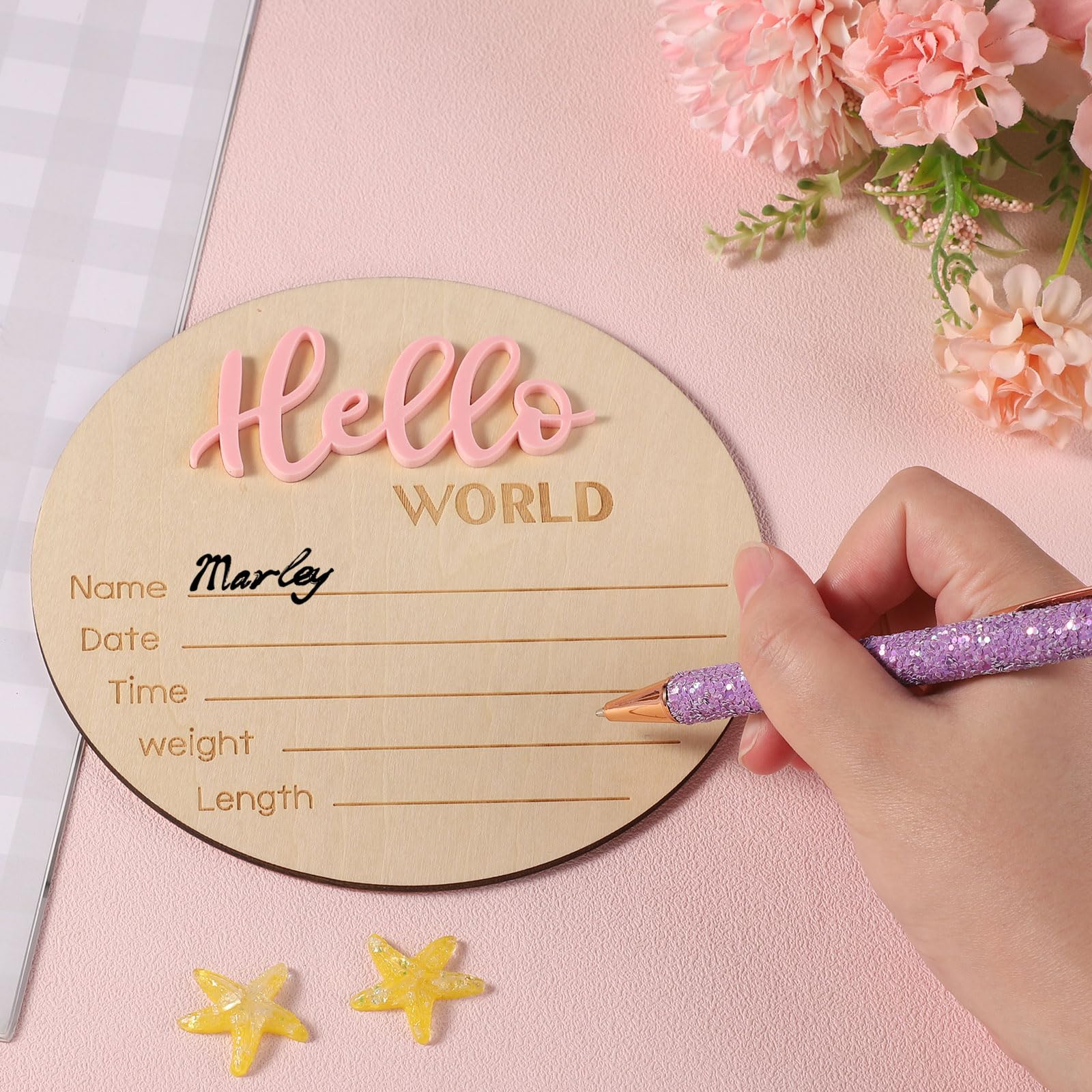Cartello Annuncio Bambino in Legno 15cm Hello World Carte Milestone Neonato Rosa Chiaro