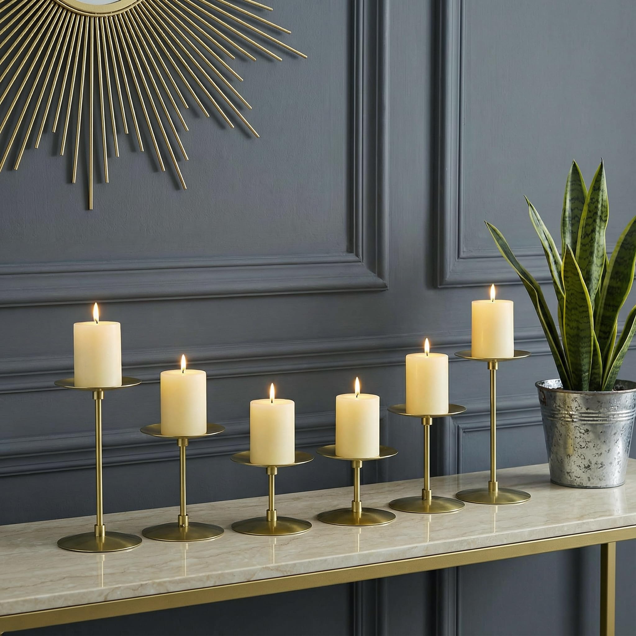 Elsjoy Satz von 6 Stumpenkerzenhalter, Metall Stumpenkerze Stand Modern Candle Holders, Kamin Kandelaber Set für Home Decor, Tisch Centerpiece, Hochzeit, 3 Größen (Gold)