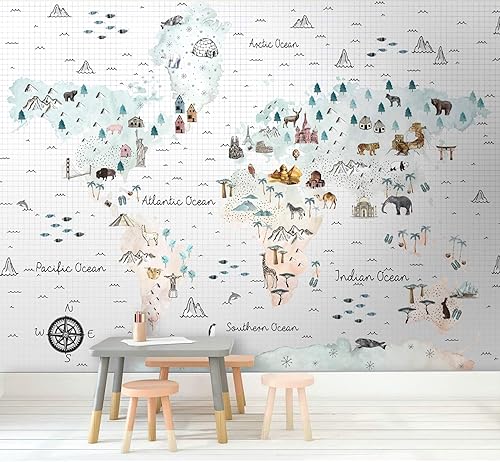 Miniatura 6 de Murwall Kids Wallpaper Soft World Map Wall Mural Little Animals and Famous Landmarks Wall Print Childroom Play Room