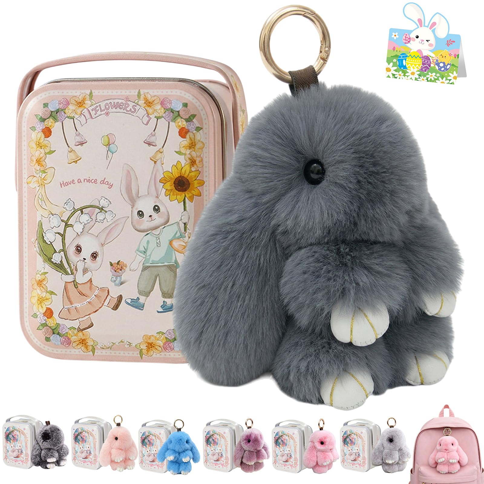 Bunny Lulu Keychain With Tin Box, Bunny Keychain Charm Bao Rabbit Pompom For Bags, Easter Girls Women Gift — view 8