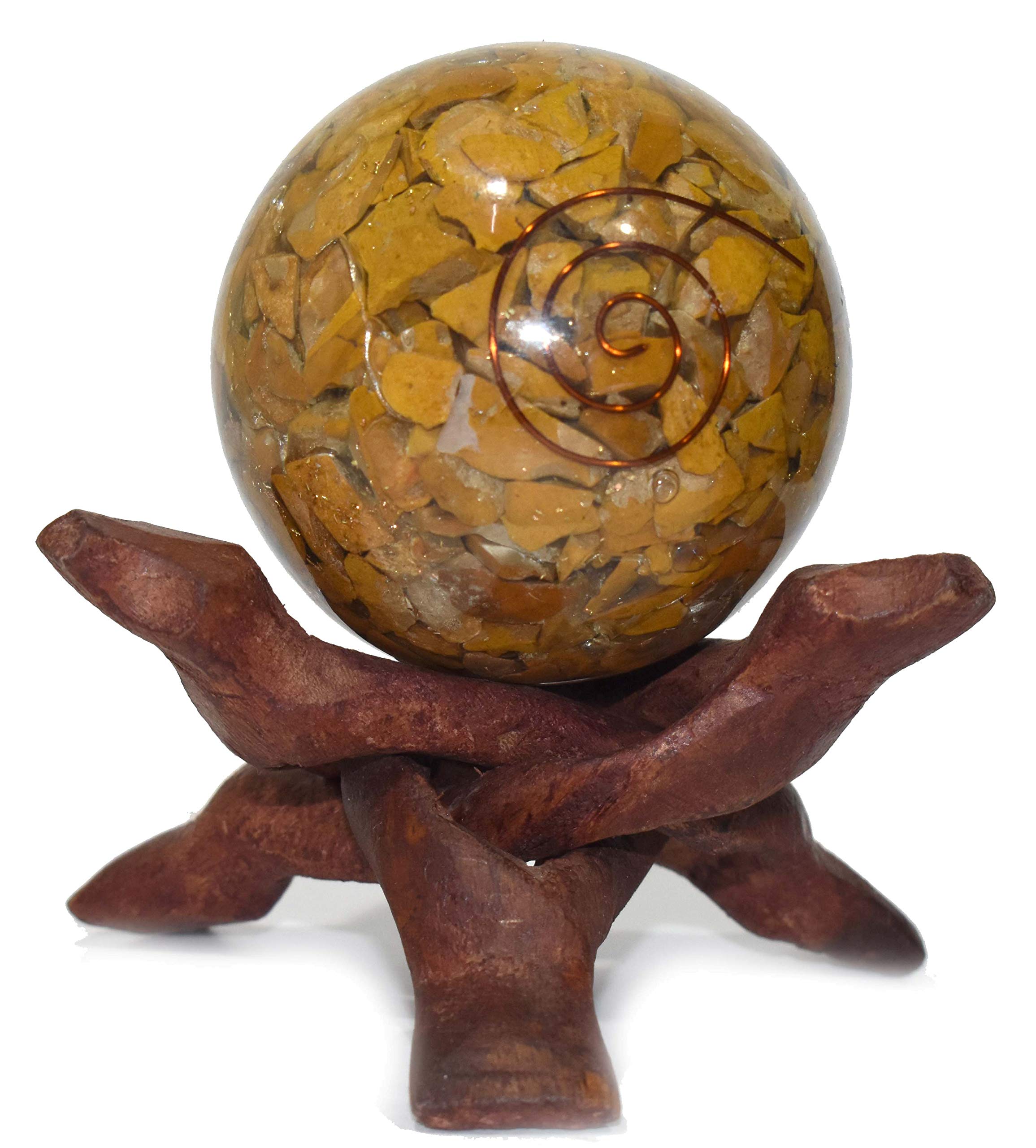 Healings4uOrgonite Sphere Yellow Jasper Size 2-2.5 Inch & One Wooden Ball stand Natural Crystal Ball Sphere Vastu Reiki Chakra Healing
