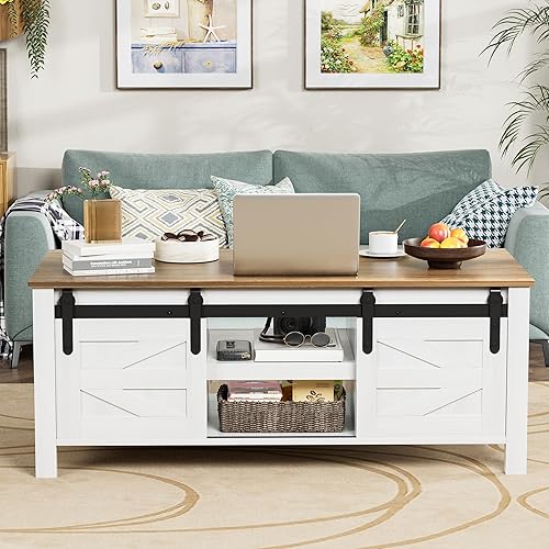 Miniatura 3 de JUMMICO Mesa de centro de granja con almacenamiento y puertas correderas de granero, moderna mesa rectangular rústica para sala de estar con