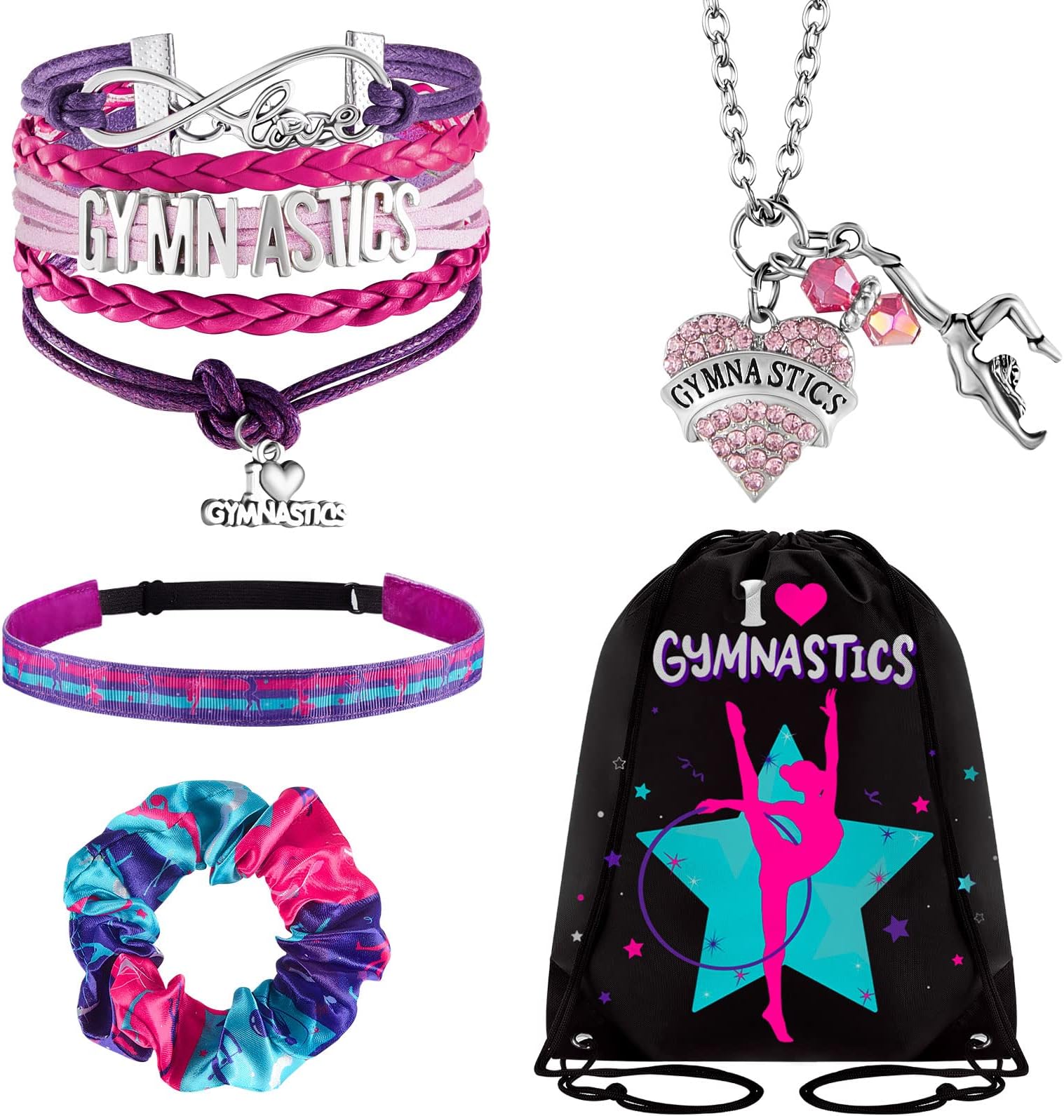 Dunzy 5 Pcs Gymnastics Gifts for Girls Kids Gymnastics Stuff Drawstring Bag Headband Girls Bracelet Necklace Scrunchies Gymnast Party Favors for Youth Boys Kids