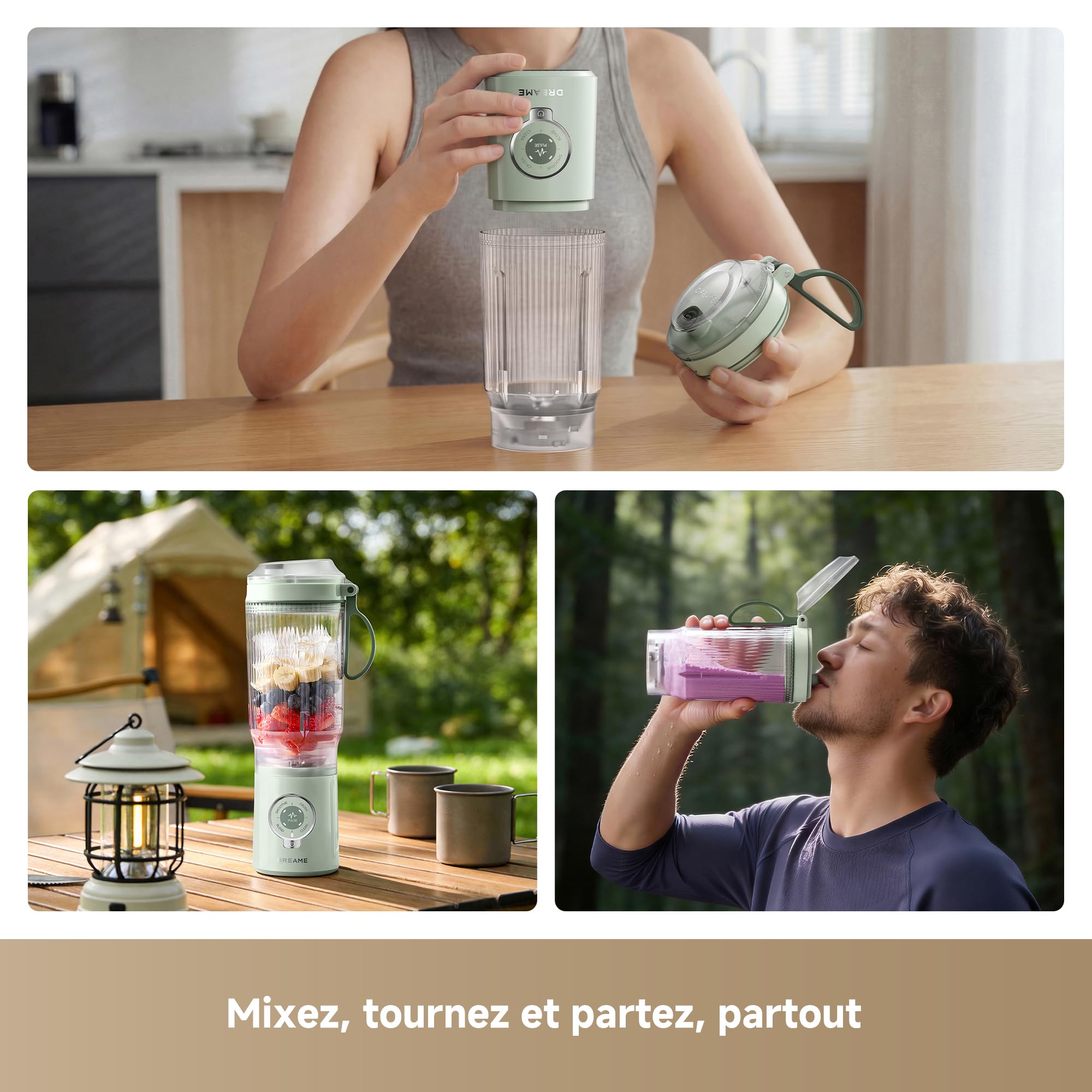 DREAME PortFresh Portable Blender, base moteur rangeable, charge rapide, gobelet 880 mL sans BPA (capacité de mixage 500 mL), 5 fonctions préréglées, mode autonettoyant, compatible lave-vaisselle