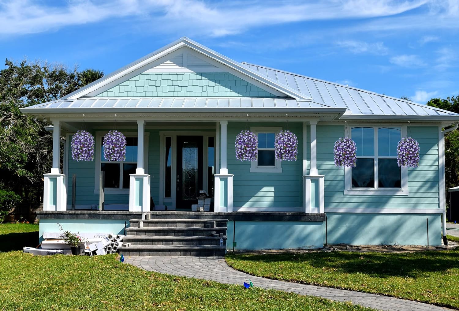 Artificial Flowers in Hanging Basket for Outdoors Spring Decor, Fake Mums Flowers Faux Plants with Basket for Indoors Home Porch Garden Yard Patio Decoration (Deep Purple) - Image 3