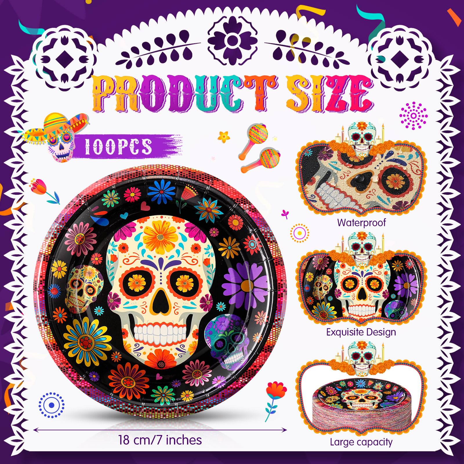 FillTouch 100 Stück Tag der Toten Pappteller 17,8 cm Sugar Skull Dia De Los Muertos Kuchen Dessertteller Tag der Toten Party Dekorationen für mexikanische Halloween Geburtstag Party Supplies