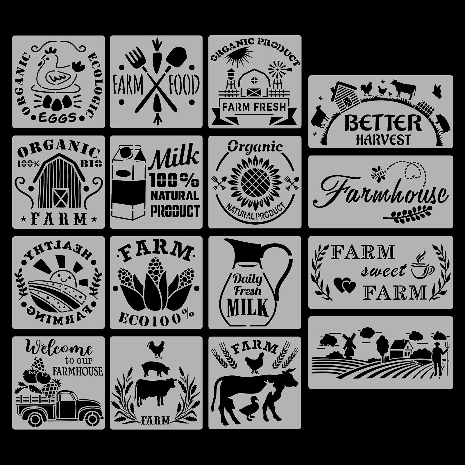 ROLEES 16 Pieces Farmhouse Stencils Reusable Stencils for Painting on Wood Vintage Large Stencil Farm Theme Painting Stencils for Scrapbooking Drawing DIY Wall Floor Decors