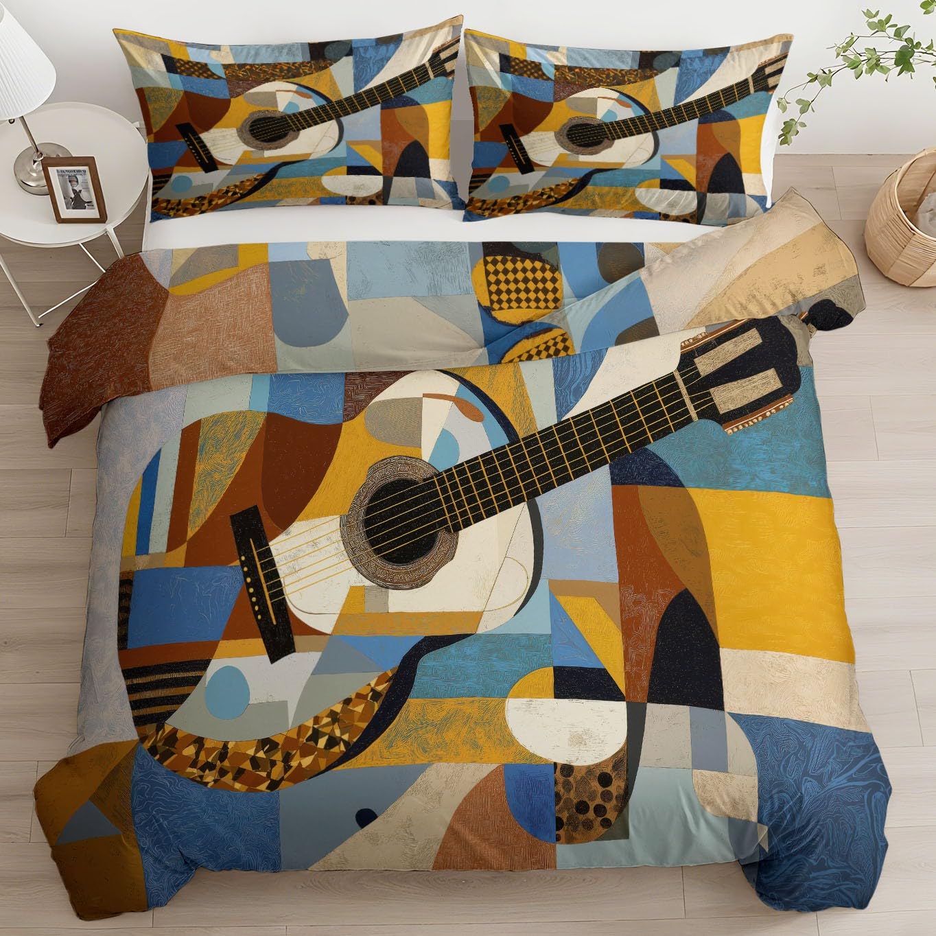 Poszwa na kołdrę dla chłopców i dziewczynek, miękka mikrofibra, 240 x 220 cm, dwustronna, abstrakcyjna, gitara, geometria, sztuka, 3-częściowy zestaw z 2 poszewkami na poduszki, do sypialni, dekoracja