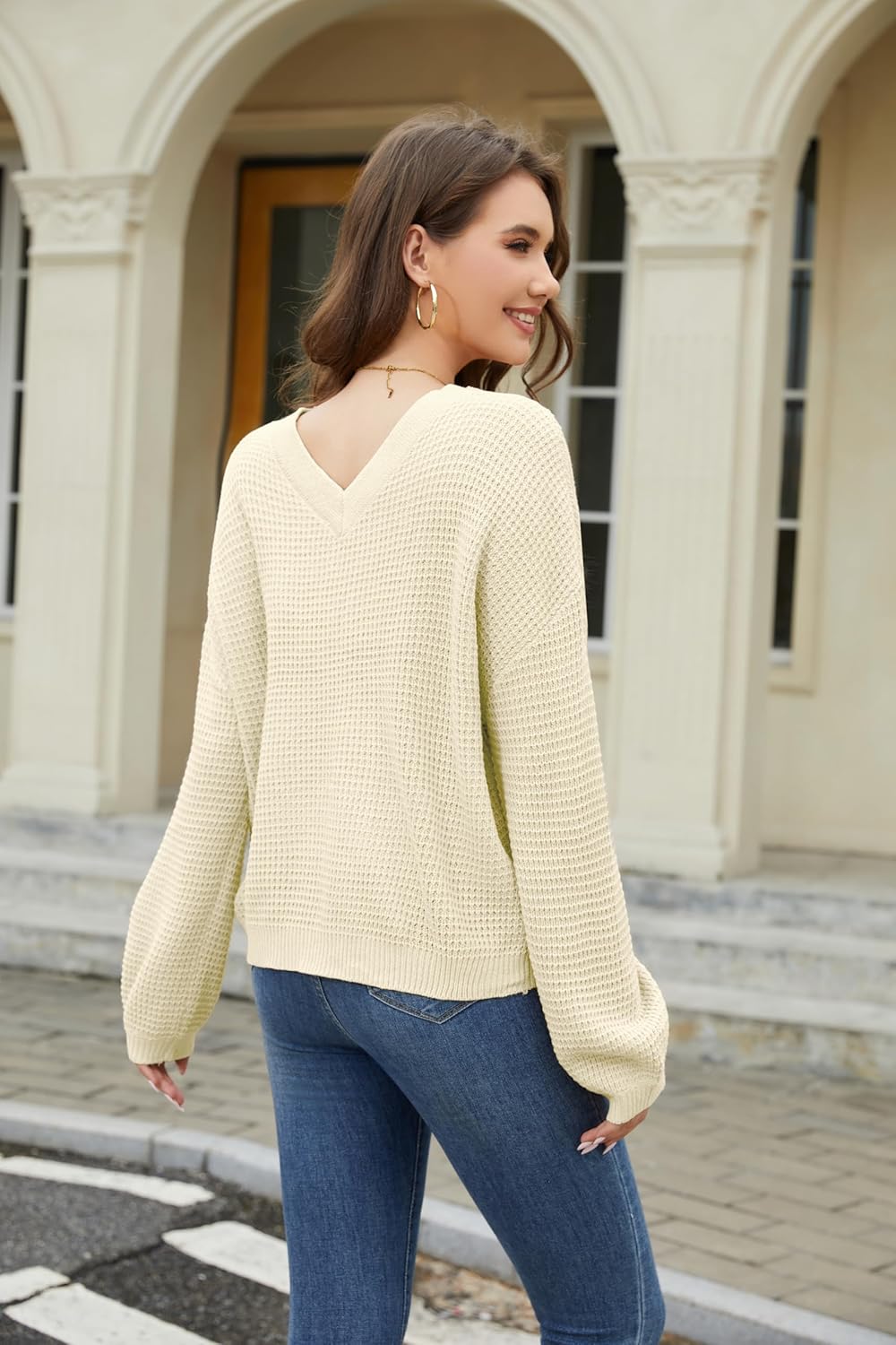 Sixstar Women Waffle Knit Fall Sweatshirt Long Sleeve V Neck Lightweight Soft Sweater Casual Pullover Tops - Image 6