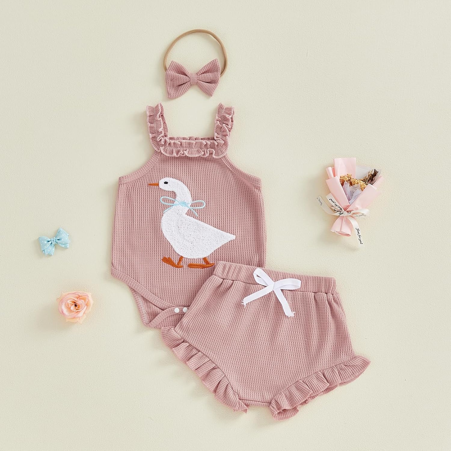 Newborn Baby Girl Clothes Silly Goose Outfit Waffle Knit Sleeveless Romper Ruffle Shorts Set Spring Summer Clothes - Image 2