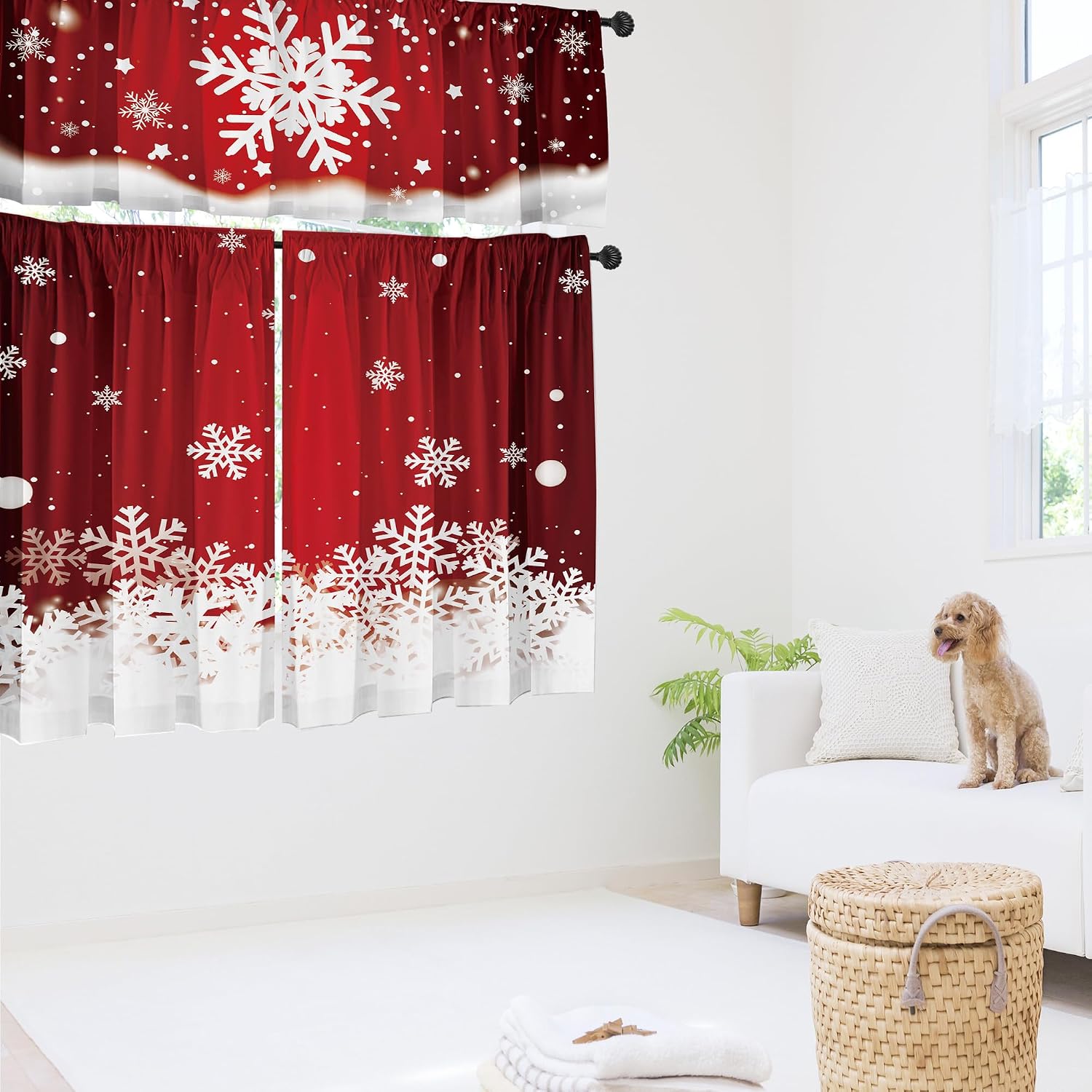 SUNWISHA Christmas Curtain Valances Set 52x18 & 36x26 inch Dreamy Red Snowflake Valance Holiday Inspired Decor for Winter Homes/Kitchen/Bedroom