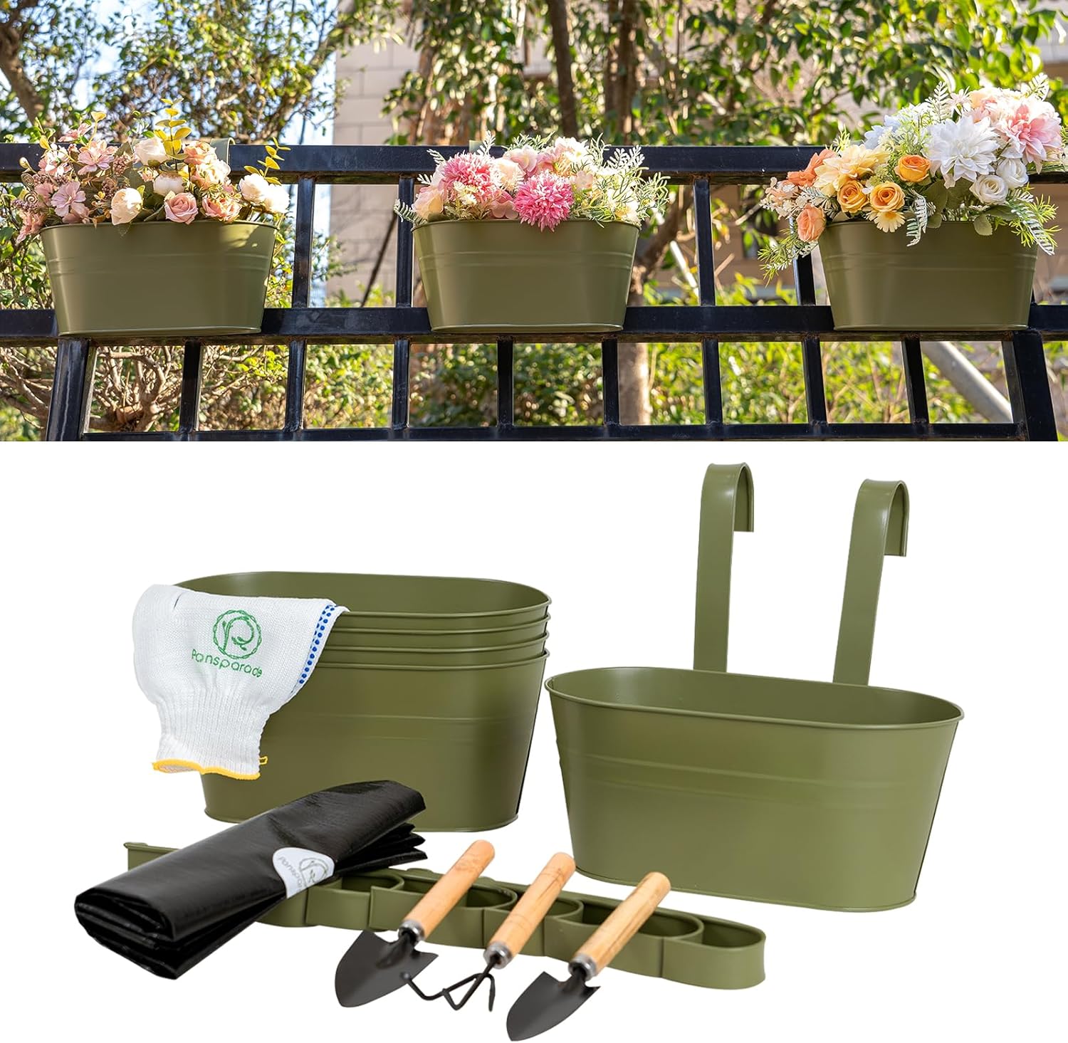 5 Pack Metal Hanging Flower Pots for Railing Fence，Outdoor Balcony Rail Planter with Garden Tools Detachable Hooks Drainage Holes for Deck Garden Home Decor Green