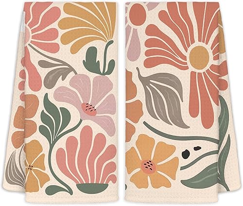 Juego de 2 toallas de cocina abstractas y bohemias, diseño floral retro de los años 70 para baño, paños de cocina florales para cocina, decoración