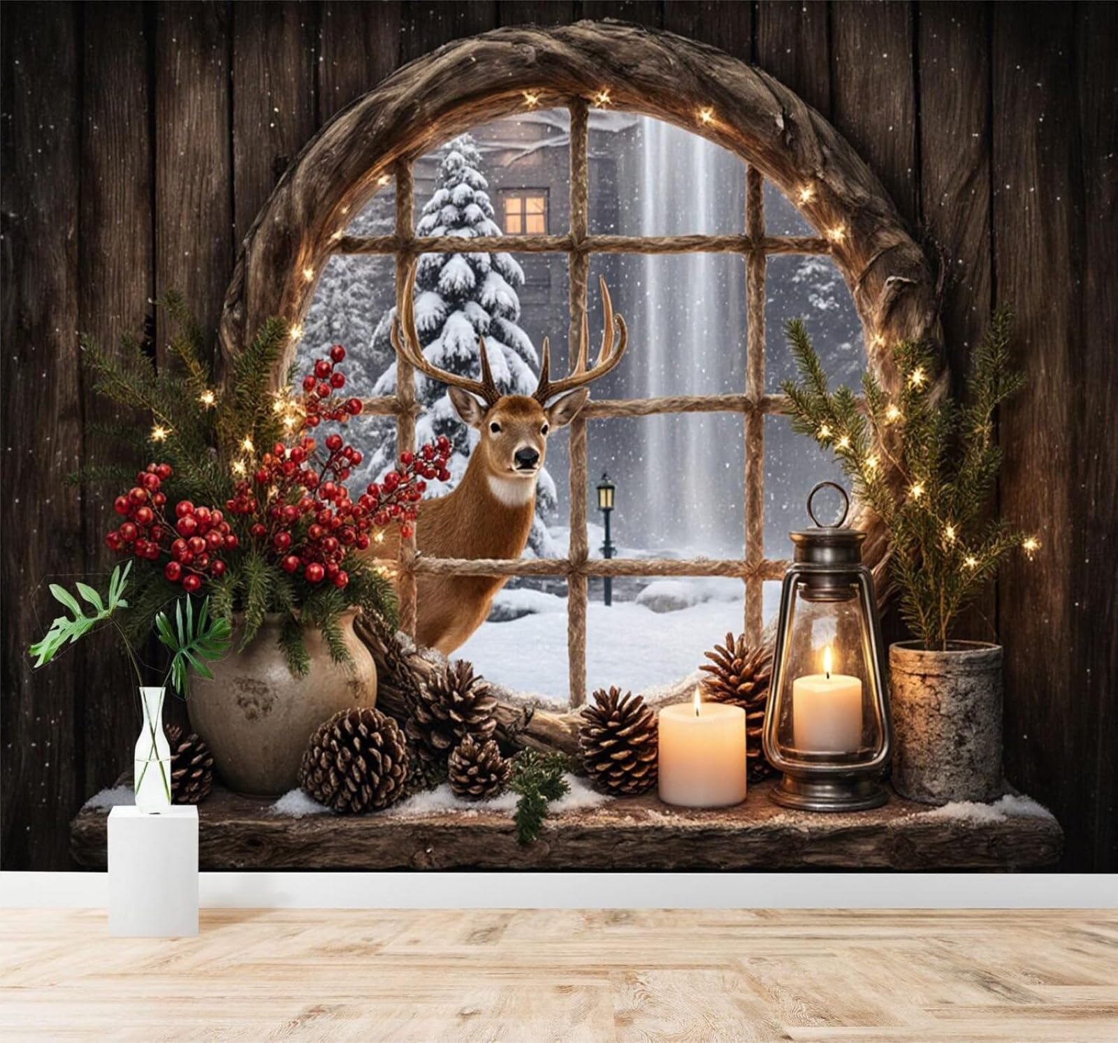 XLMING Winter Deer Peering Through A Window Candles Pine Cones Snow Covered Forest 3D Wallpaper Silky Texture Home Study Office Grey Dining Room Sofa Bedroom Living Room TV Backdrop-350cm×256cm