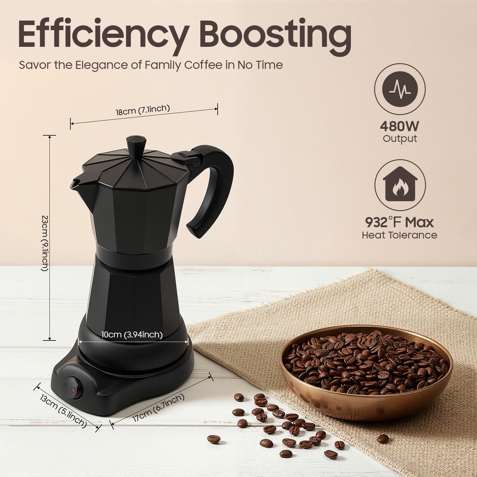 Cafetera eléctrica de 480 W, 300 ml, cafetera de aluminio, para 2-3 tazas de capuchino y americano, con válvula de seguridad, mango anticaldo, adecuado para el hogar y la oficina