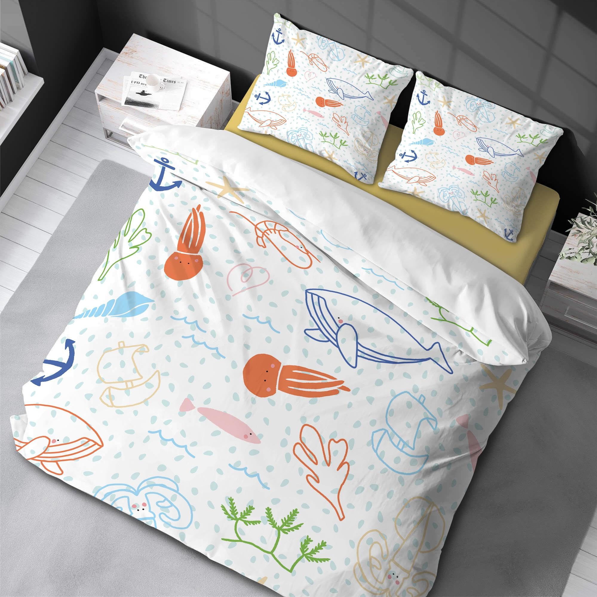 Housse de couette motif ocean life 220x240cm avec 2 taies d'oreiller imprimé baleine