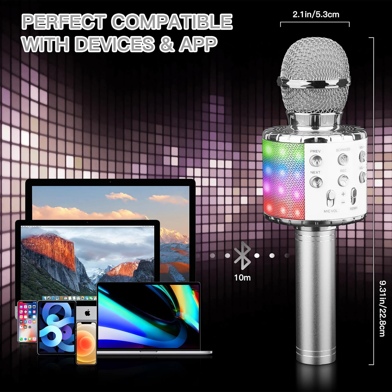 ShinePick Karaoke Microphone, 4 in 1 Wireless Microphone with LED Lights Handheld Portable Karaoke Machine, Home KTV Player, Compatible with Android & iOS Devices (Silver) - Image 6