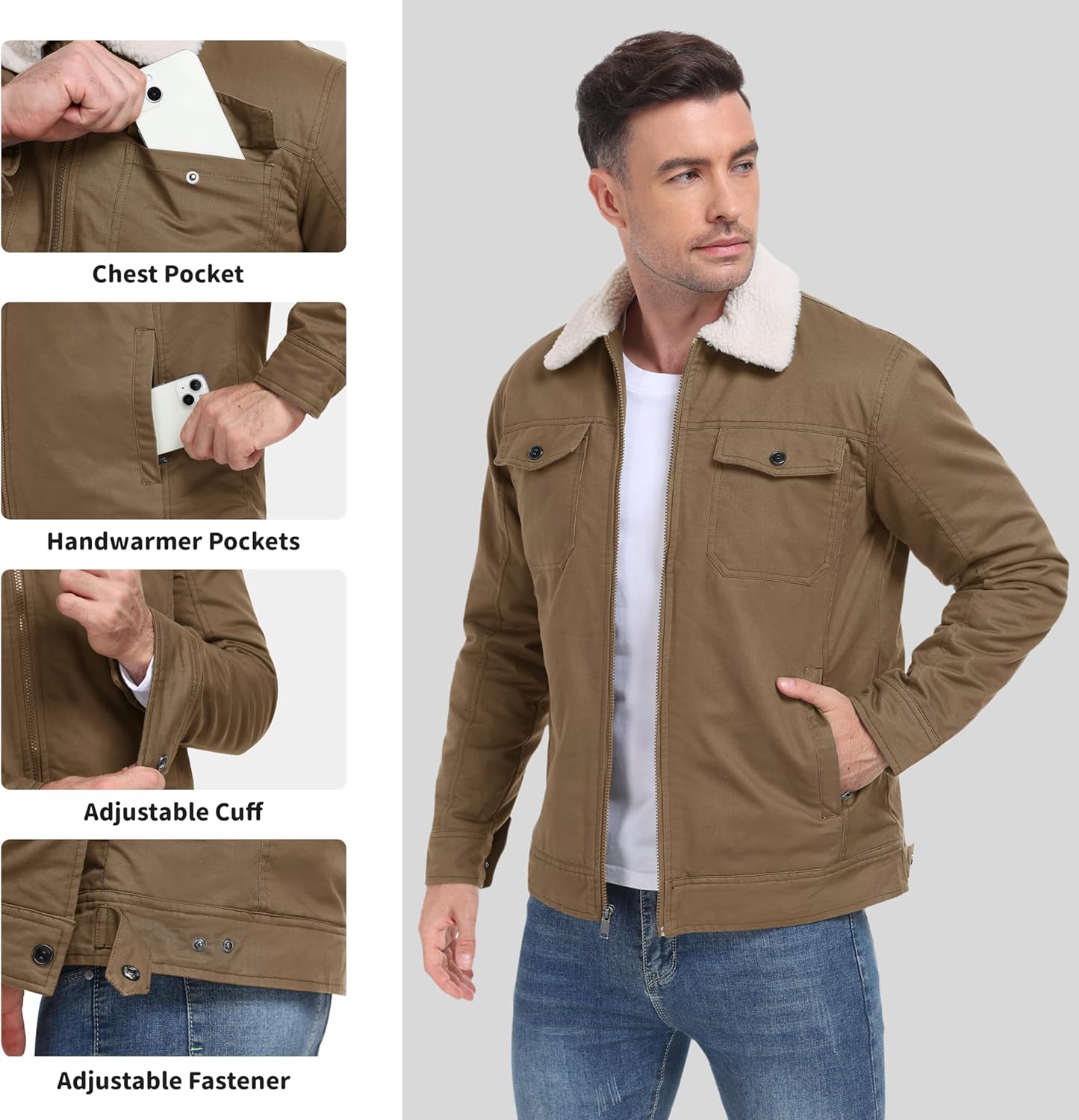 MoFiz Men's Sherpa Lined Cotton Cargo Jacket Turn-down Collar Work Jacket for Men Zip Up Mens Winter Coat with Multi Pockets - Image 5