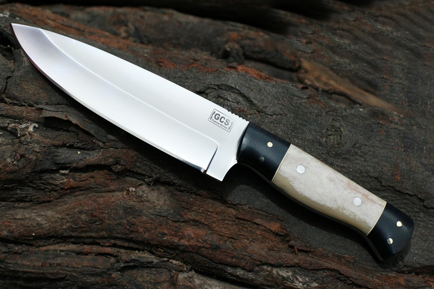 GCS Handmade D2 Tool Steel Bone Handle Hunting Skinning Camping Knife with Brown Leather Right or Left Hand Horizontal Fixed Blade Knife Sheath GCS207
