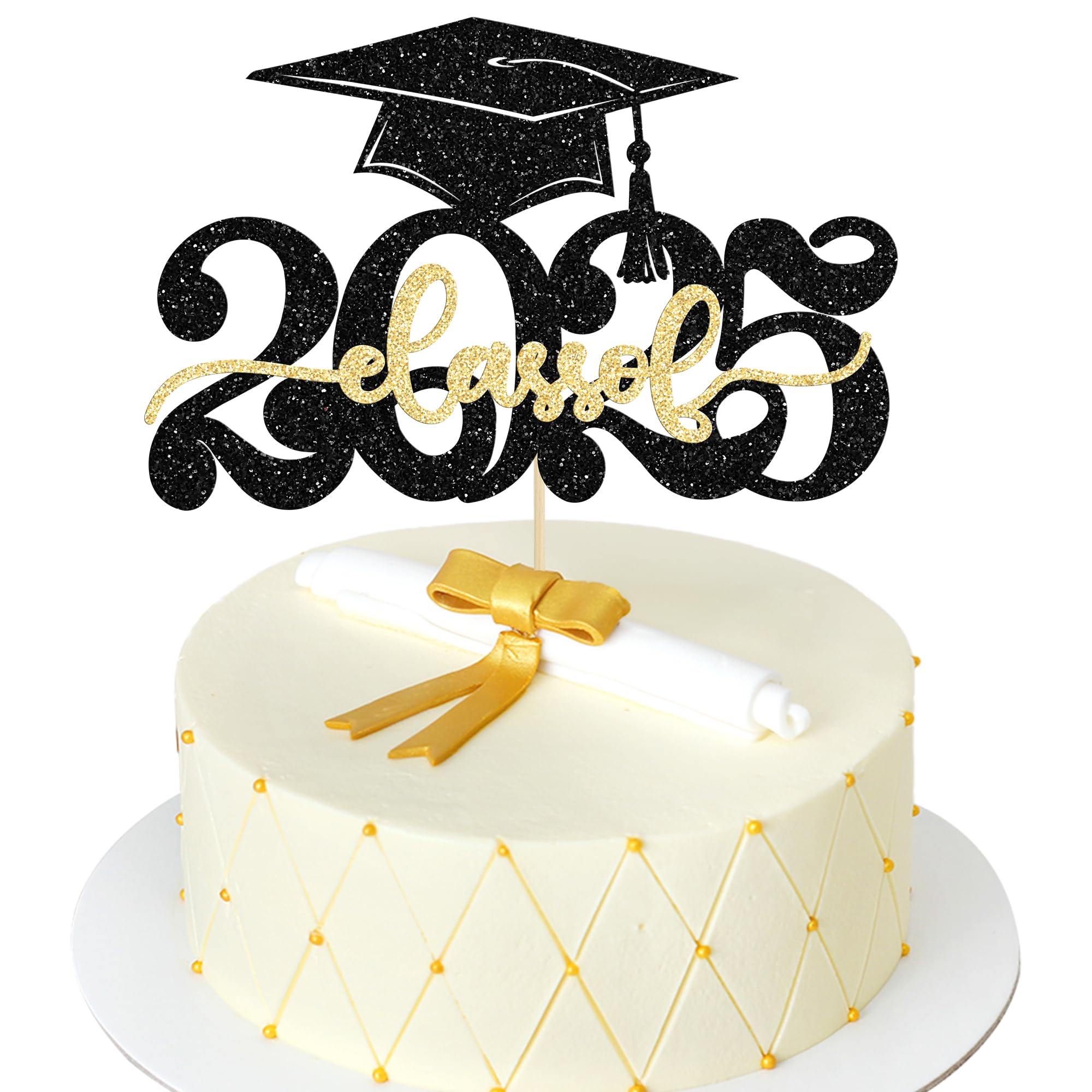 Gyufise 1Pcs Class of 2026 Cake Topper Glitter Congrats Grad Cap 2026 Graduation Cake Pick for 2026 Graduation Theme High School Boys Girls Graduate Party Cake Decorations Supplies Gold