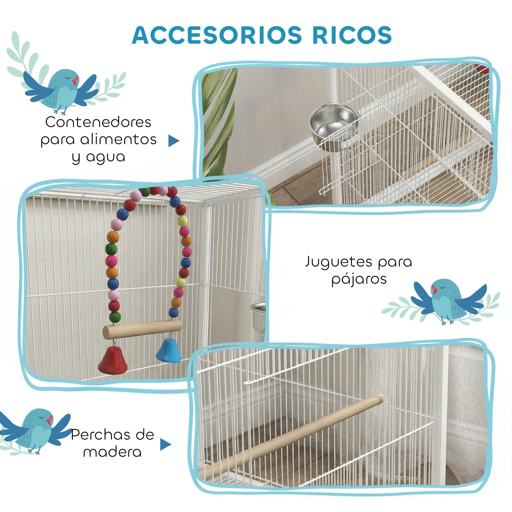 PawHut Jaula para Pájaros con Ruedas, Pajarera de Acero con Perchas, Columpio Bandeja Extraíble y Cuencos de Acero Inoxidable, Jaula Grande para Loros, Canario, Periquito, 48x46x78 cm, Blanco