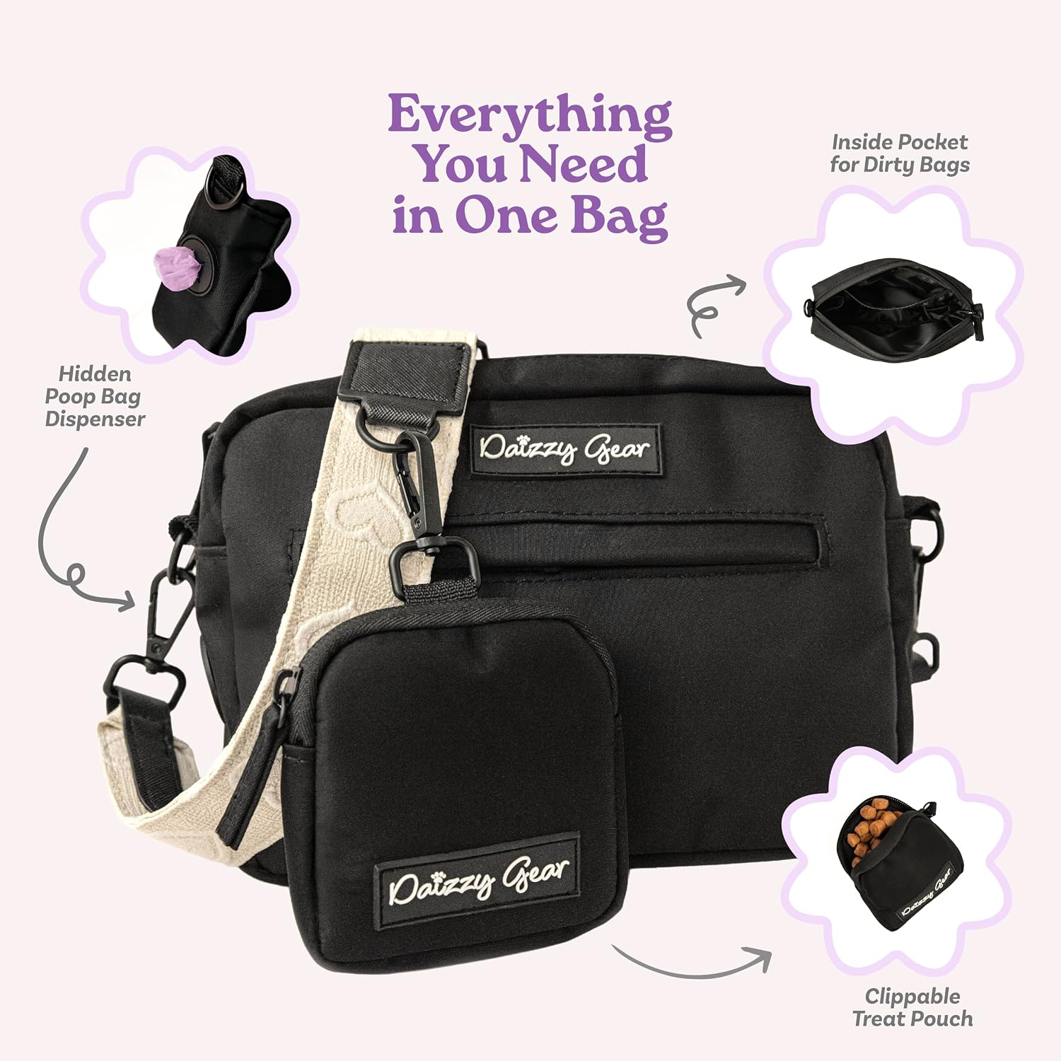 Dog Walking Bag Crossbody with Training Treat Pouch – Waterproof with Poop Bag Dispenser – Adjustable Strap for Dog Moms and Trainers - Cream Petite Amour | Water Proof