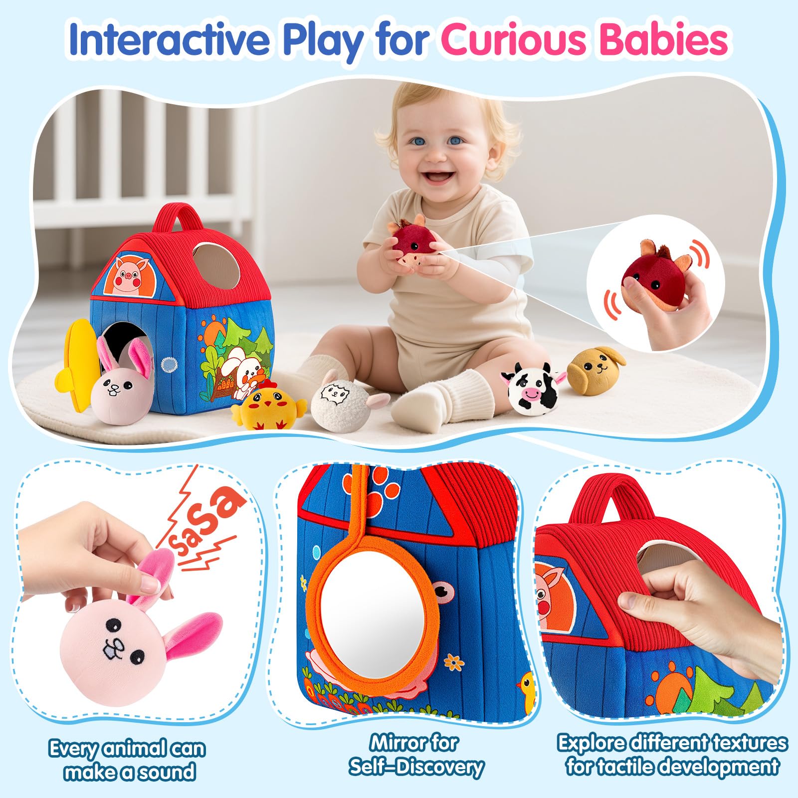 SAIMAND Baby Toys 6-12 Months, Surprise Barn with Plush Farm Animals, Rattle, Crinkle Paper & Mirror - Image 3