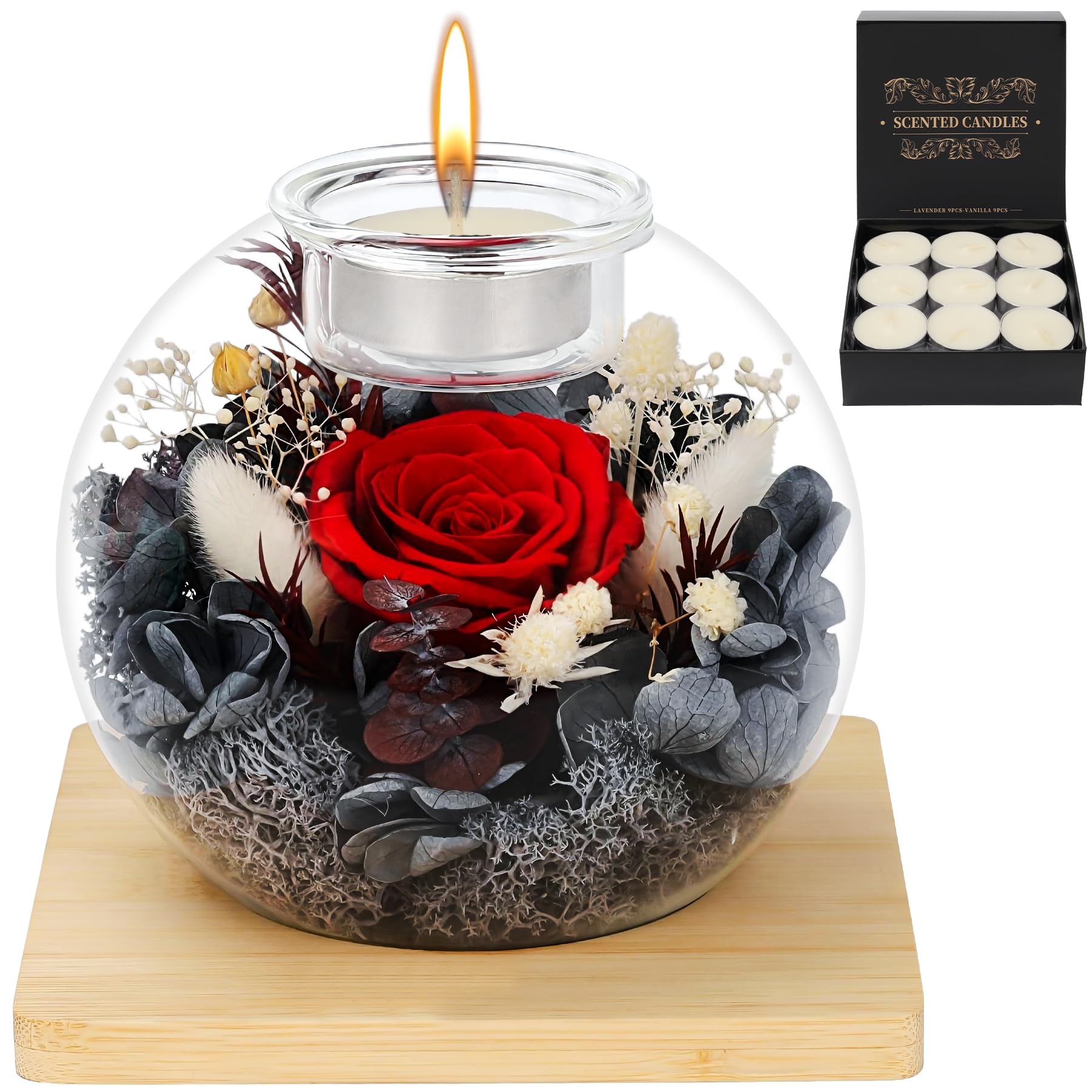 Rose Éternelle en Verre, Coffret Cadeau de Rose Préservée et Bougies Parfumées, Cadeau d'anniversaire Fête des Mères Saint-Valentin Noël pour Maman, Petite Amie, épouse, Femme (Rouge)
