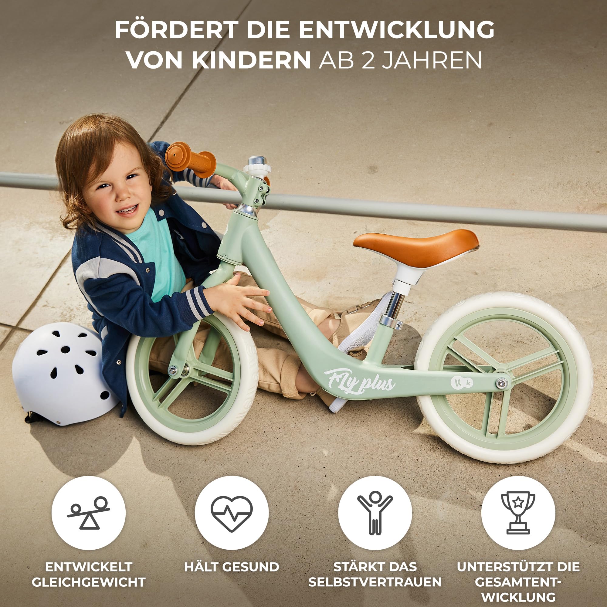 Kinderkraft Laufrad Fly Plus 2, Lernlaufrad, Kinderlaufrad, Fahrrad mit Zubehör, Klingel, höhenverstellbar Sattel, 12 Zoll Räder, Magnesiumrahme, ab 2 Jahre, Retro Design, Grün