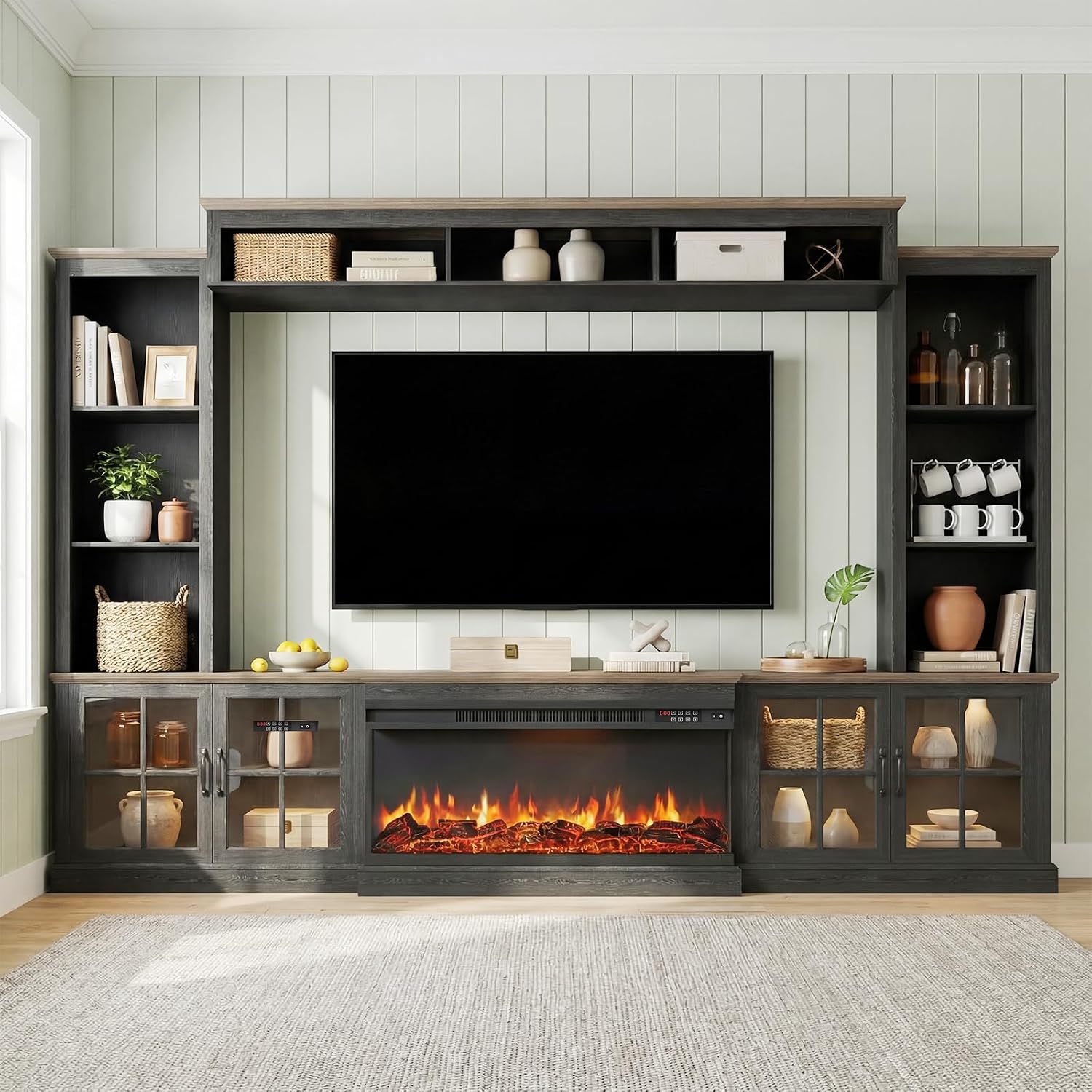 98” Farmhouse TV Stand with Fireplace, Entertainment Center, Wall Unit Media Console with Bookshelf, Cabinet & Power Outlets & Barn Doors, Fits TVs Up to 75” for Living Room, Black