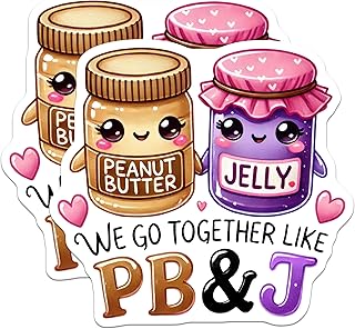 (2 Pack) Peanut Butter Jelly Stickers - Cute Food Duo Stickers - Matching PB and J Stickers - 5" On Longest Side - Sticks to Any Smooth Flat Surface - Made in USA - BMCS3543