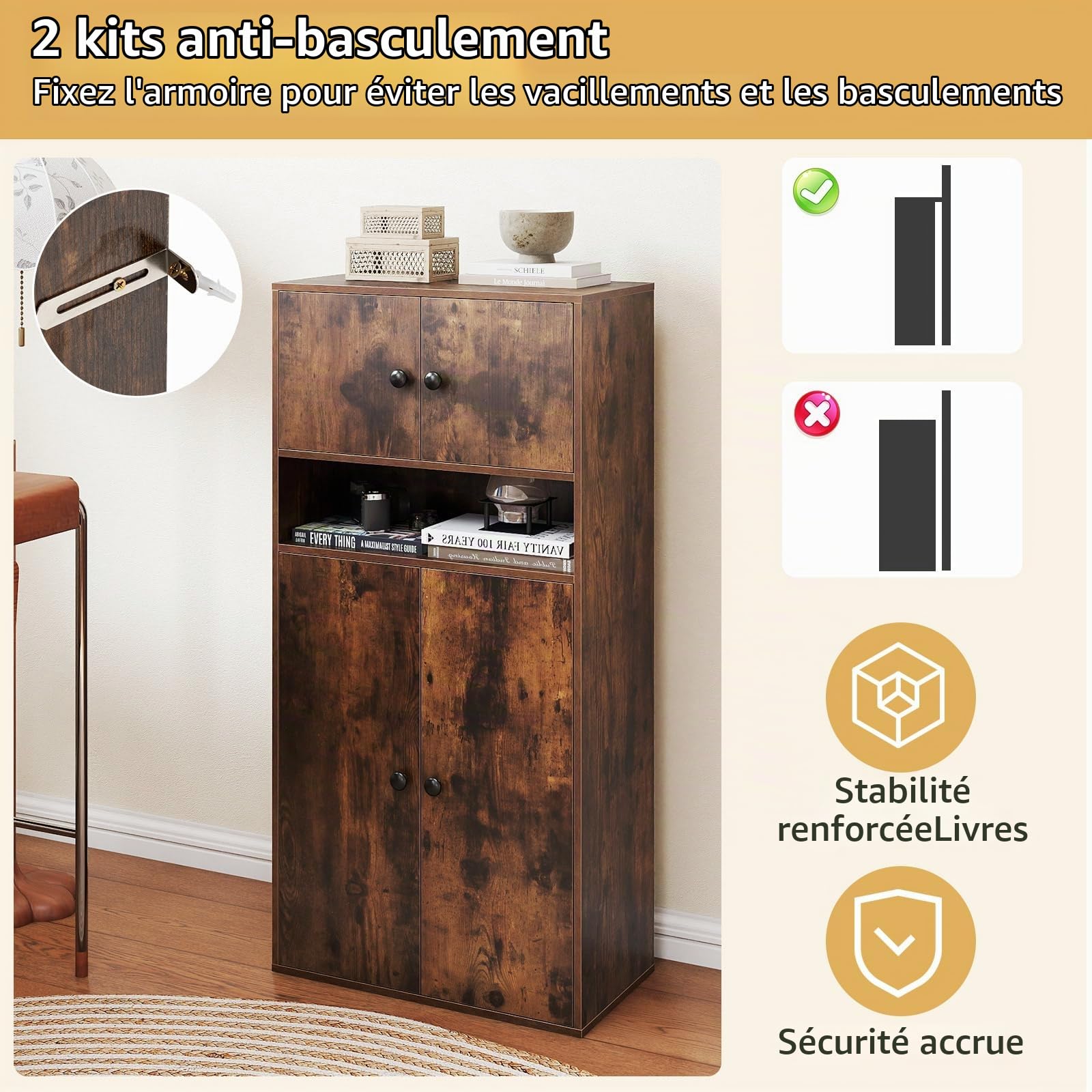 KOMFOTTEU Bibliothèque Étagère 110cm Hauteur Meuble Rangement Marron Salon